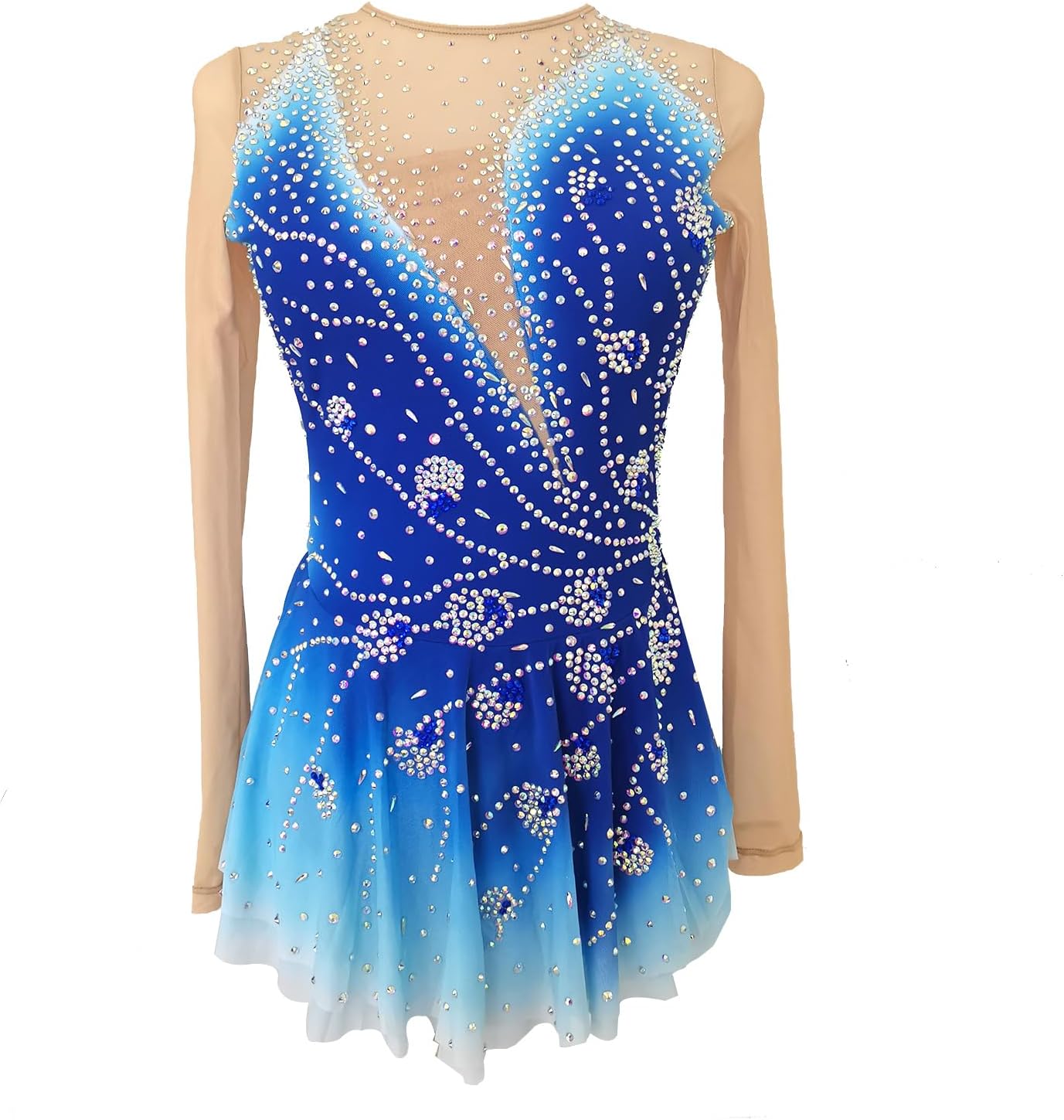 Girls' Blue Peacock Feather Pattern Figure Skating Dress Customized Competition Performance Dress