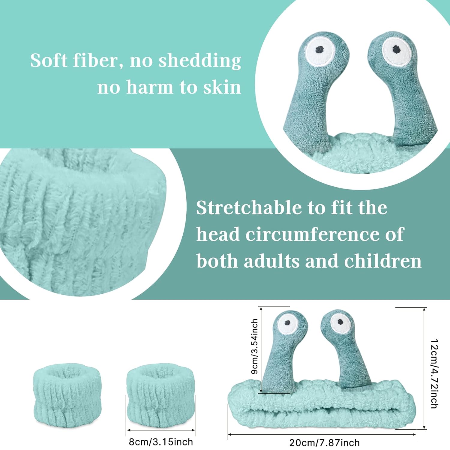 Snail Face Wash Headband Skincare & Wrist Bands for Washing Face Set Cute Spa Headband for Women and Wrist Faces Wash Bands for Shower, Facial Cleaning, Soft Coral Fleece Makeup Headbands,Green - Image 2