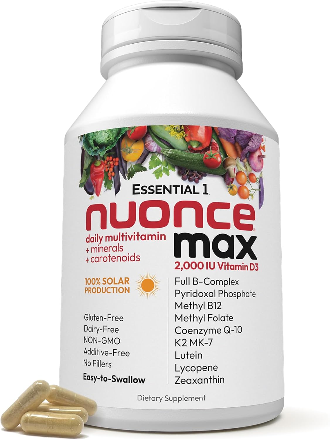 ANDREW LESSMAN Essential-1 nuonce max Multivitamin 2000 IU Vitamin D3 180 Small Capsules. 100 mcg Methyl B12. CoQ10 Lutein Lycopene Zeaxanthin. High Potency. No Additives. Ultra-Mild One Daily Capsule