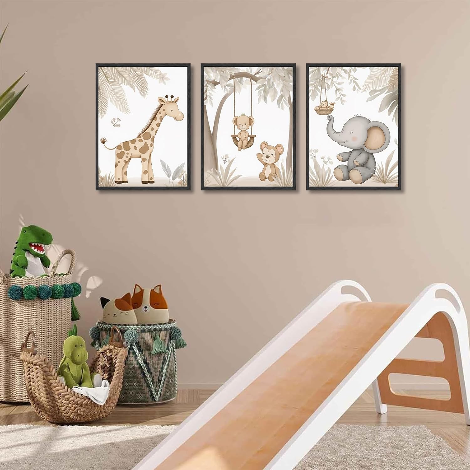 NGXIPUST 3Pcs Woodland Animal Nursery Wall Art Neutral Safari Animal Jungle Paintings Pictures Wall Decor Giraff Monkey Elephants Watercolor Poster Printing Artwork for kids room Home Decoration