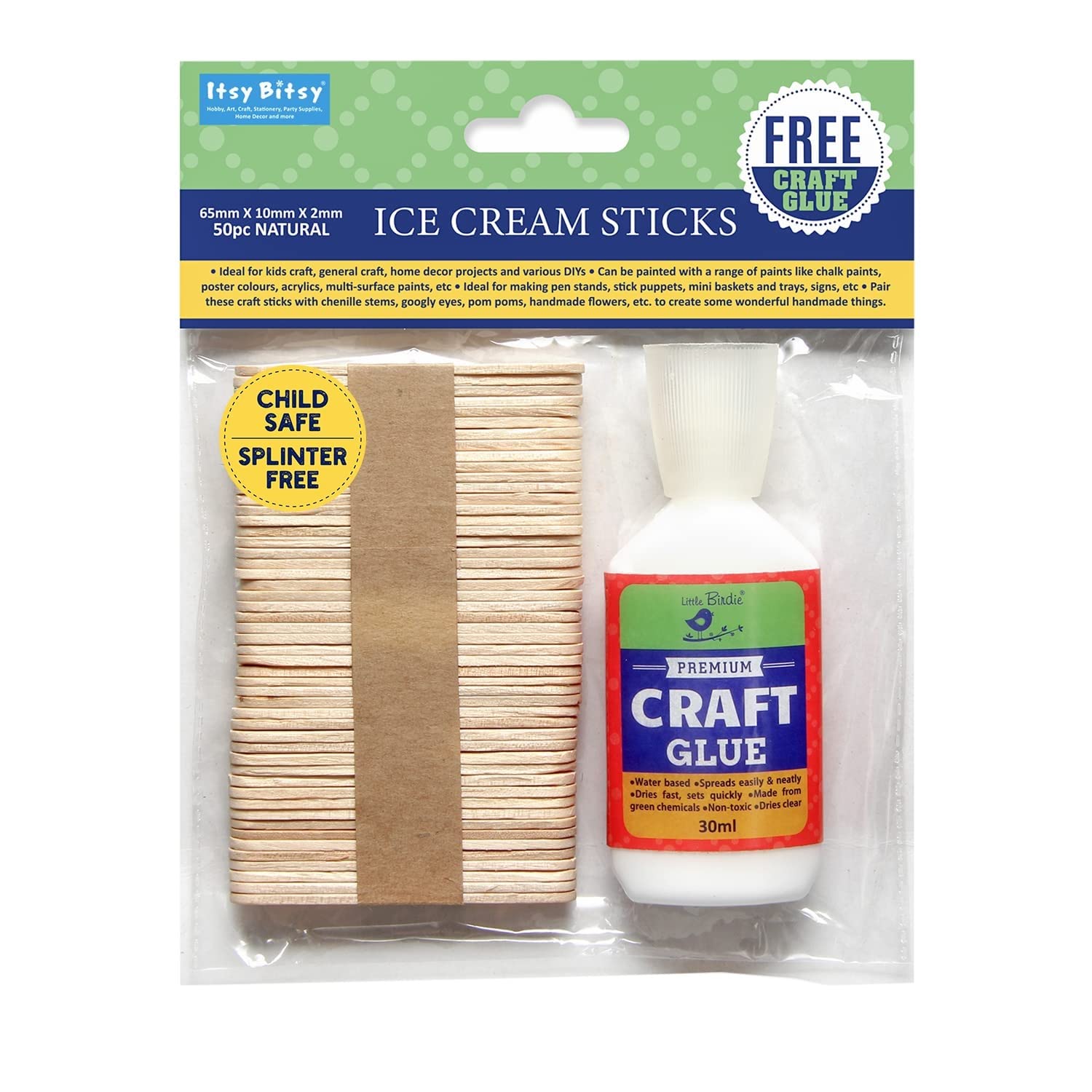 Itsy Bitsy Wooden Ice Cream Sticks for Craft 100 pcs with 60ml Glue