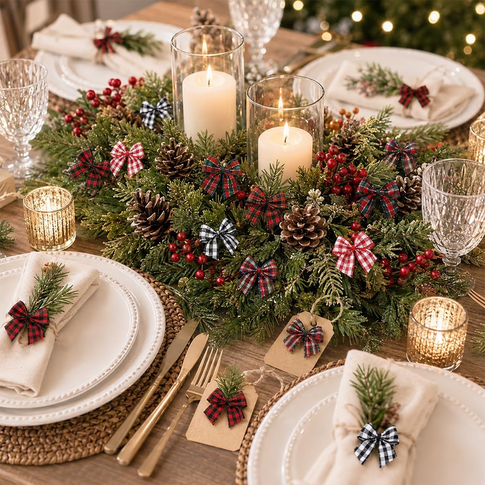DULEFUN 180 Pcs Christmas Mini Plaid Ribbon Bows 1 Inch Tiny Buffalo Burlap