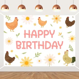Chicken Themed Happy Birthday Party Backdrop, Daisy Chicken Birthday Decorations Barnyard Little Chick Happy Bday Photography Background for Farm Animal Chick Themed Bday Party Supplies 7 * 5ft