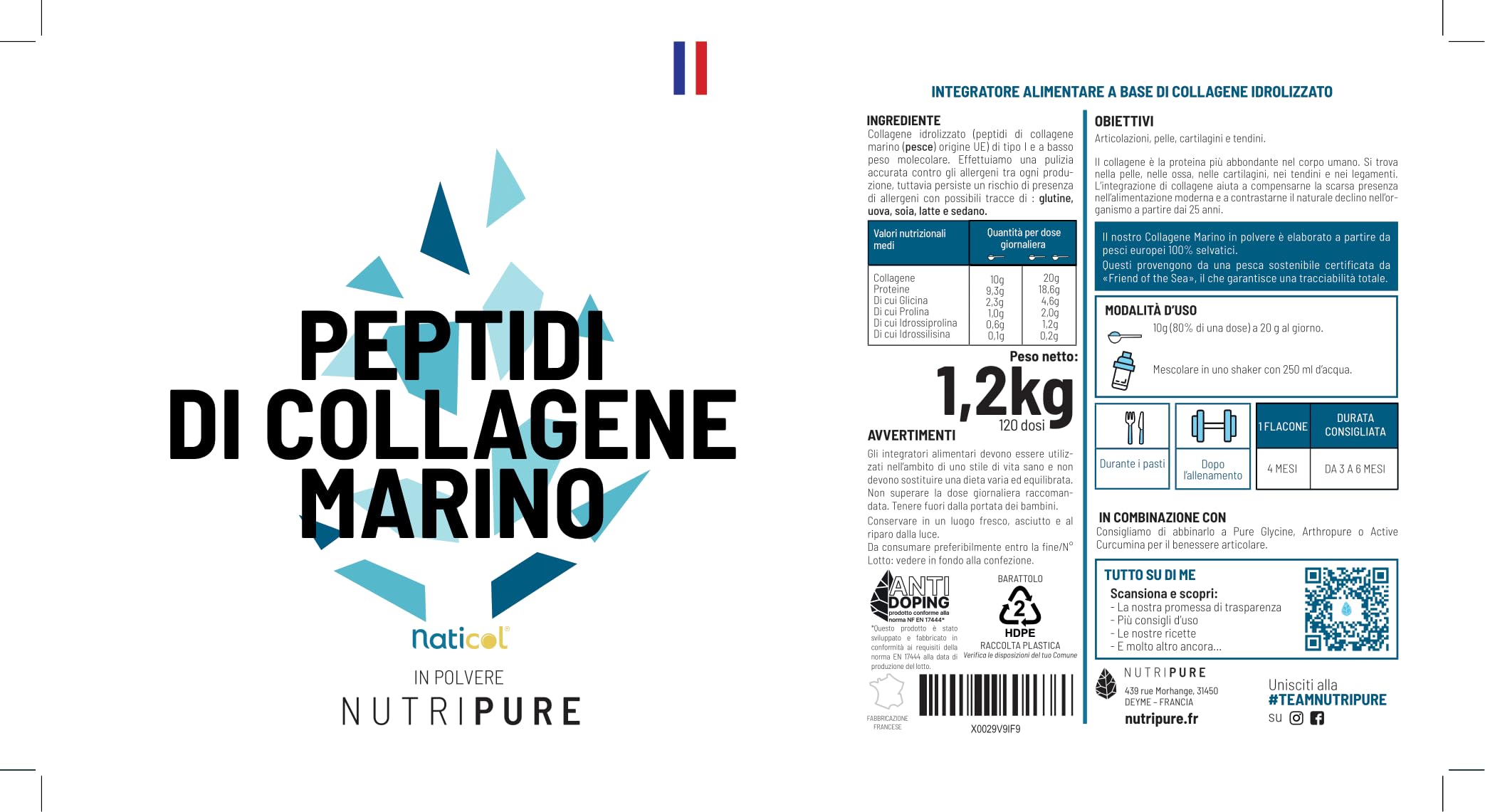 Collagene Marino Selvatico in Polvere | Integratore Alimentare Articolazioni, Capelli, Unghie e Pelle | Collagene Marino Idrolizzato | Barattolo 1,2 kg| 4 mesi | Gusto neutro | Prodotto in Francia