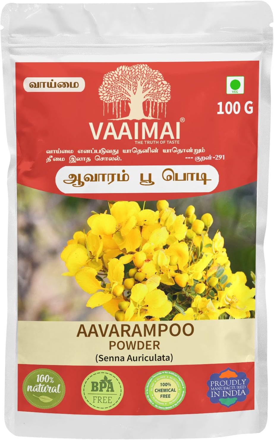 VAAIMAI Avarampoo Powder (100g) for Skin Glow and Body Cooling| Thangedu | Avarataki | Sonamukhi | Tarwar | Senna Auriculata | Tanners Cassia, Face Pack