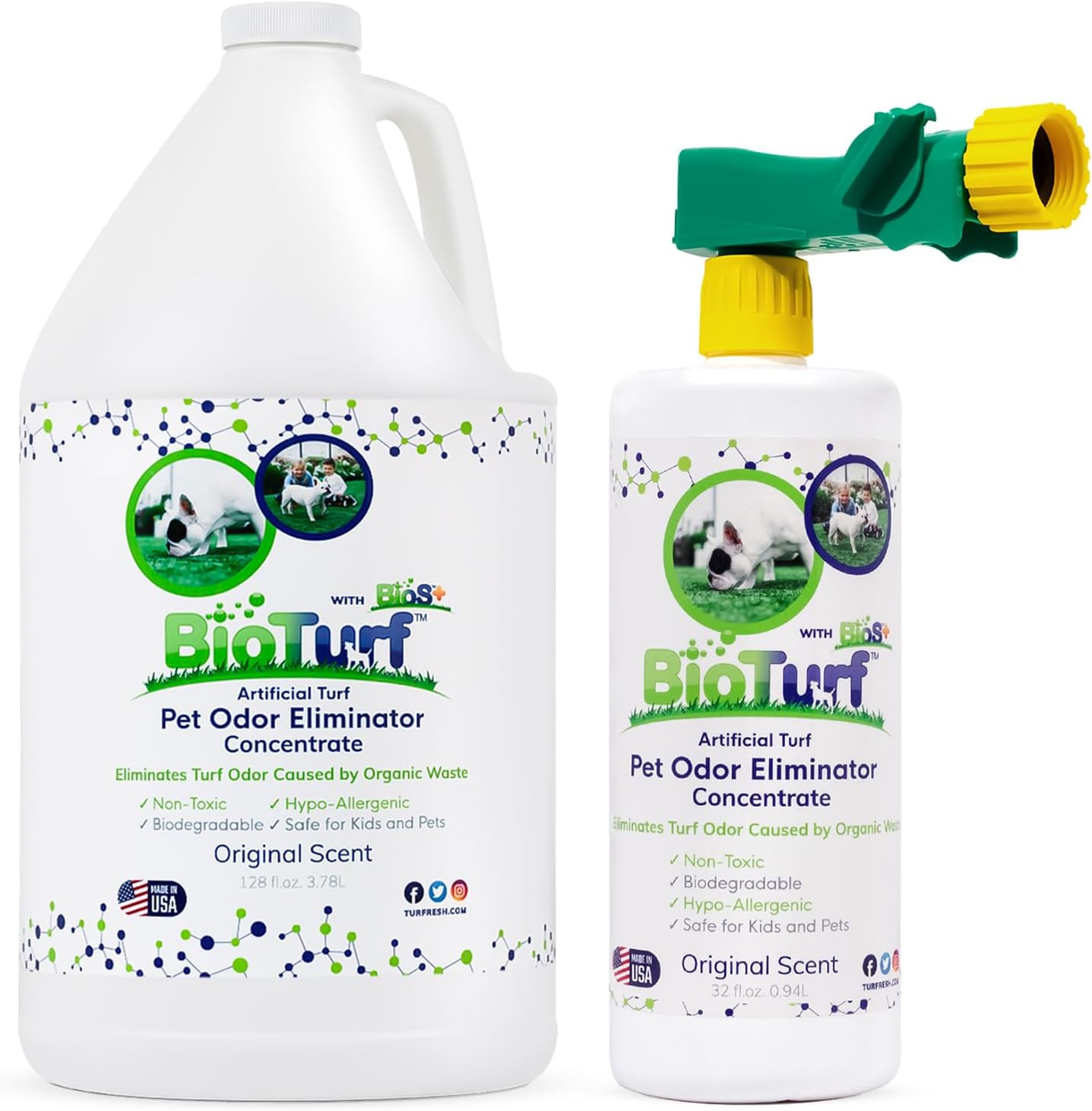 BioTurf BioS+ Kit Turf Cleaner for Pet Urine Outdoor – Artificial Turf Cleaner Concentrate Yard Deodorizer for Dog Urine & Feces – Enzyme Kennel Odor Eliminator 1 Gallon, 32oz with Hose Attachment