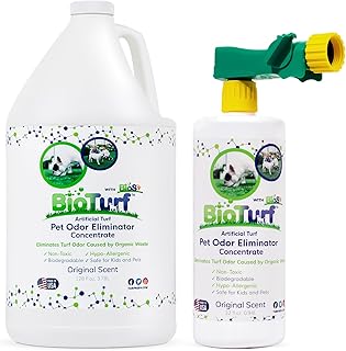 BioTurf BioS+ Kit Turf Cleaner for Pet Urine Outdoor – Artificial Turf Cleaner Concentrate Yard Deodorizer for Dog Urine & Feces – Enzyme Kennel Odor Eliminator 1 Gallon, 32oz with Hose Attachment