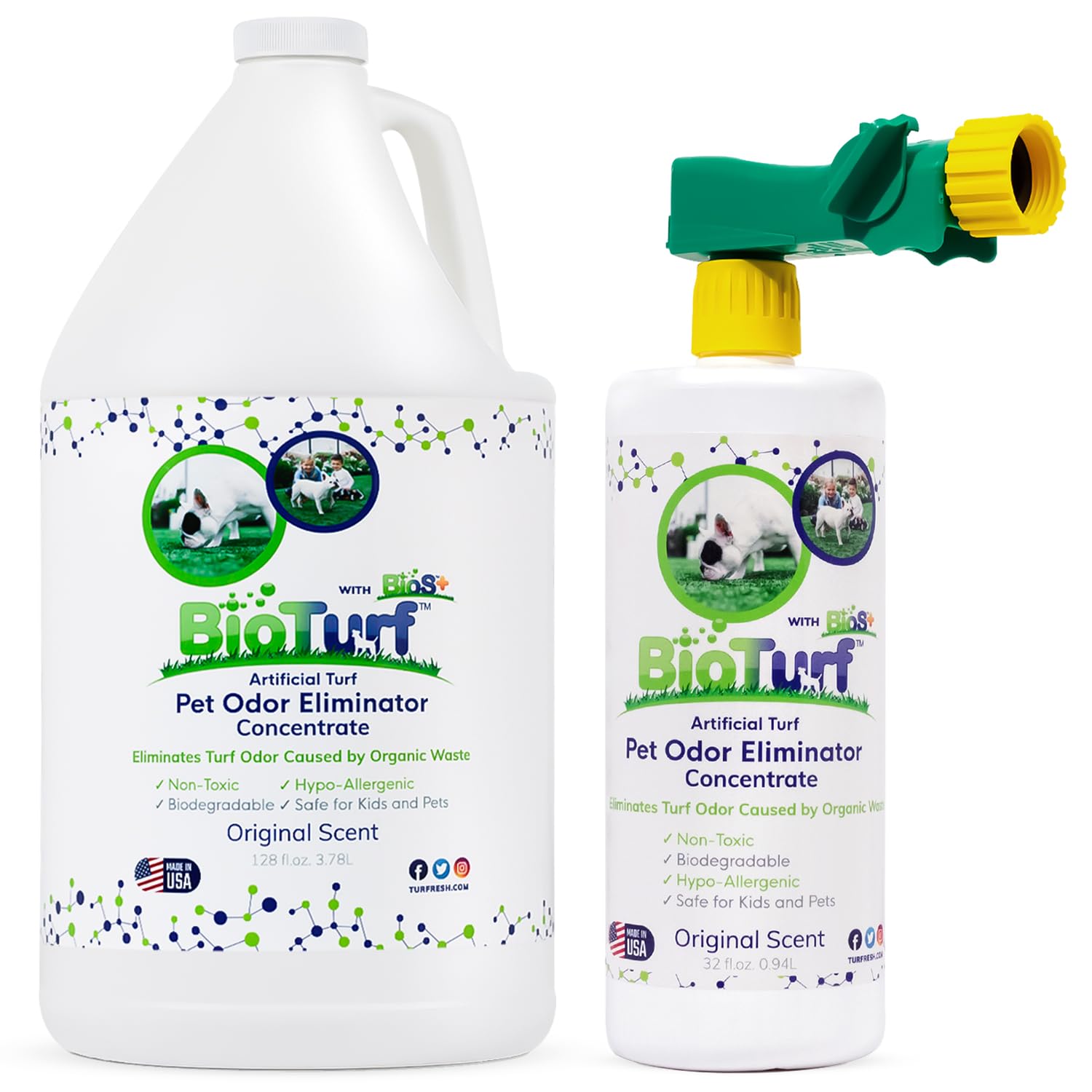 BioTurf BioS+ Kit limpiador de césped para orina de mascotas al aire libre – Limpiador de césped artificial concentrado desodorante para orina de perro y heces – Eliminador de olores enzimáticos de