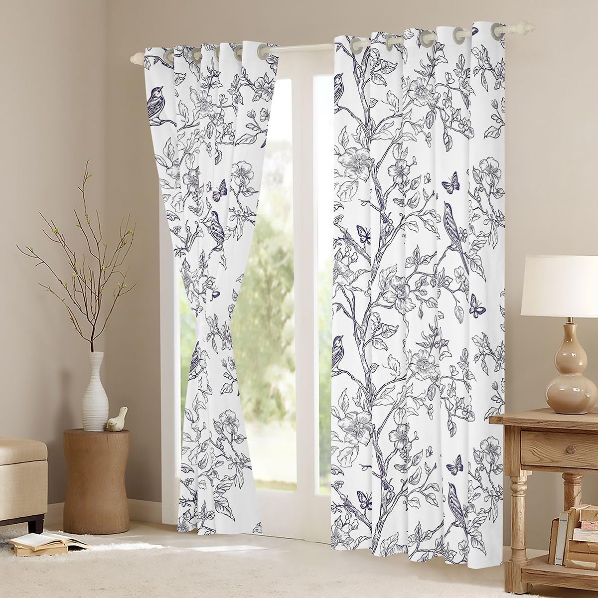 Castle Fairy Floral Bird Sketch Bedroom Curtains Aesthetics Butterflies Bookshelf Window Drapes for Kids Boho Style Blackout Drapes Window Treatments Grommet Top 52Wx84L Inch 2 Panel Set,Grey White