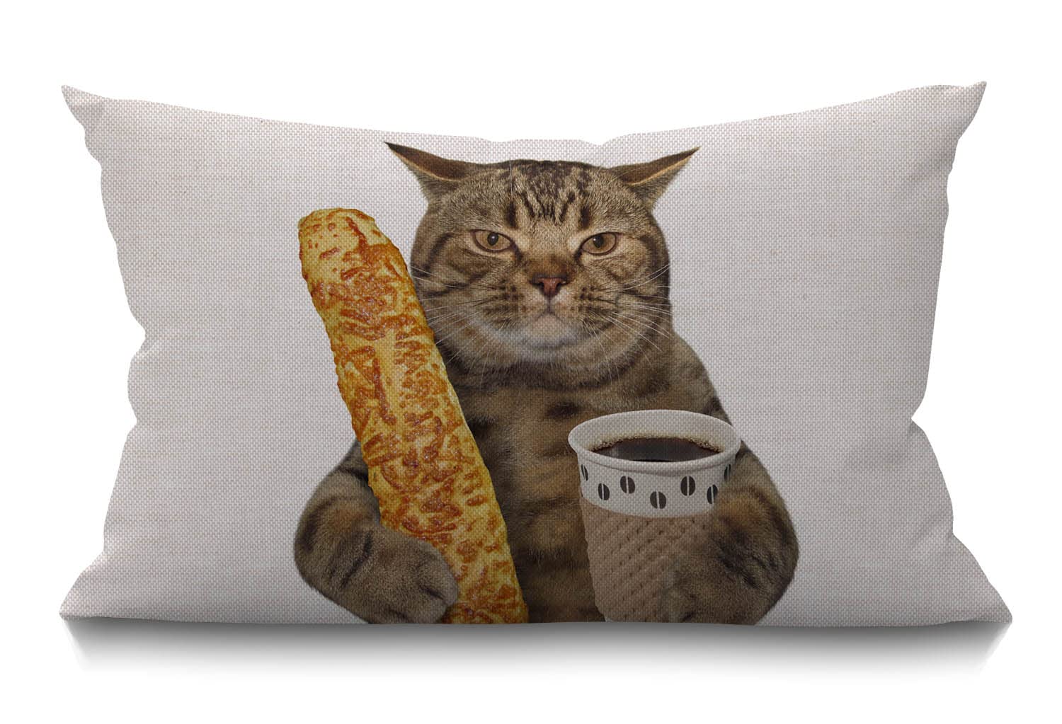 BGBDEIA Funny Cat Farmhouse Oblong Rectangle Cushion Cover,The Cat is Holding A Cup of Black Coffee and A Baguette Decorative Throw Pillow Cover,30 x 50 cm 12x20 inch