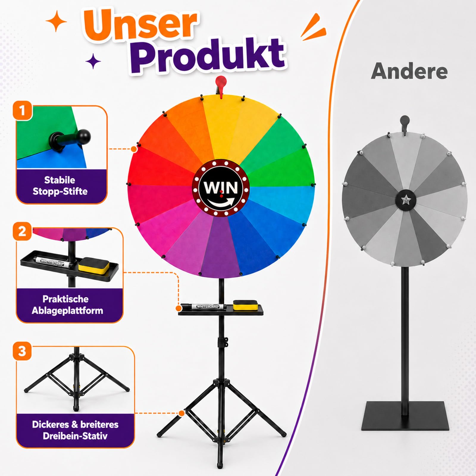 Glücksrad 61 cm mit 14 Fächern, Höhenverstellbares Preisrad 100-200 cm, Drehbares Gewinnspiel-Rad mit abwischbarer Oberfläche & Marker, Mobiles Glücksrad für Party, Messe, Hochzeit und Veranstaltungen