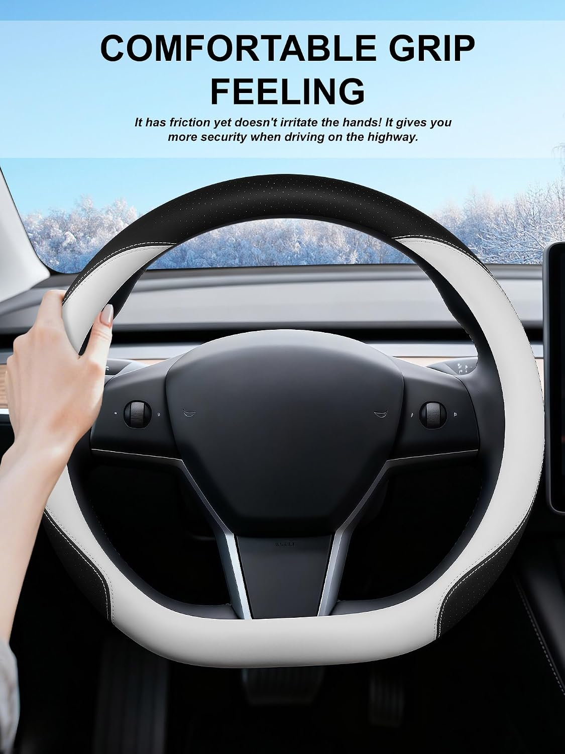 Steering Wheel Cover for Tesla 3 /Y 2017-2026, Flat Leather Steering Wheel Wrap Accessories for Tesla, Funda para Volante De Carro (White, D-Shaped)