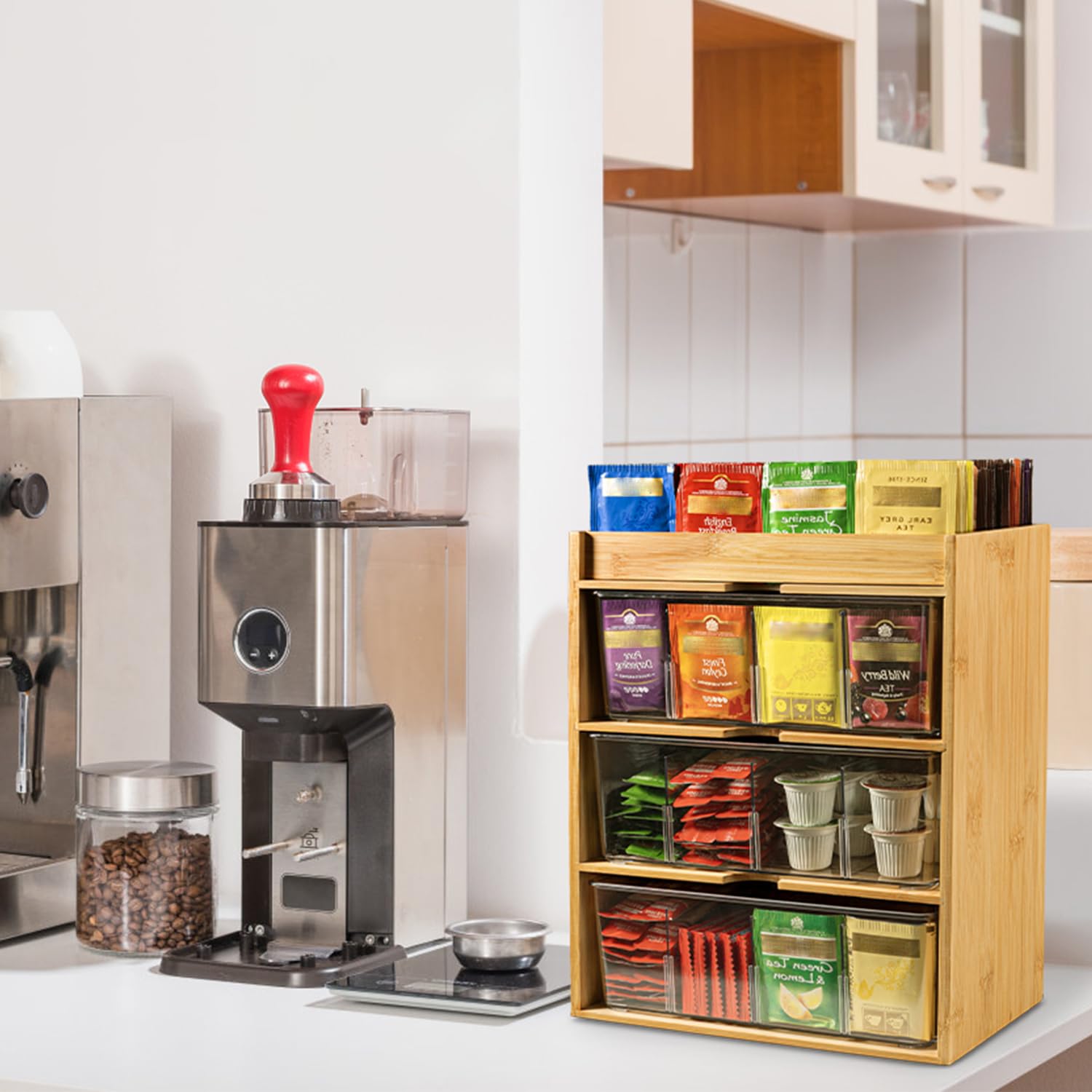 Organiseur de sachets de thé en bambou, support à thé à 3 niveaux, boîte à thé verticale, boîte de rangement en bois pour sachets de thé pour placard, support de thé pour comptoir, bureau, armoire de