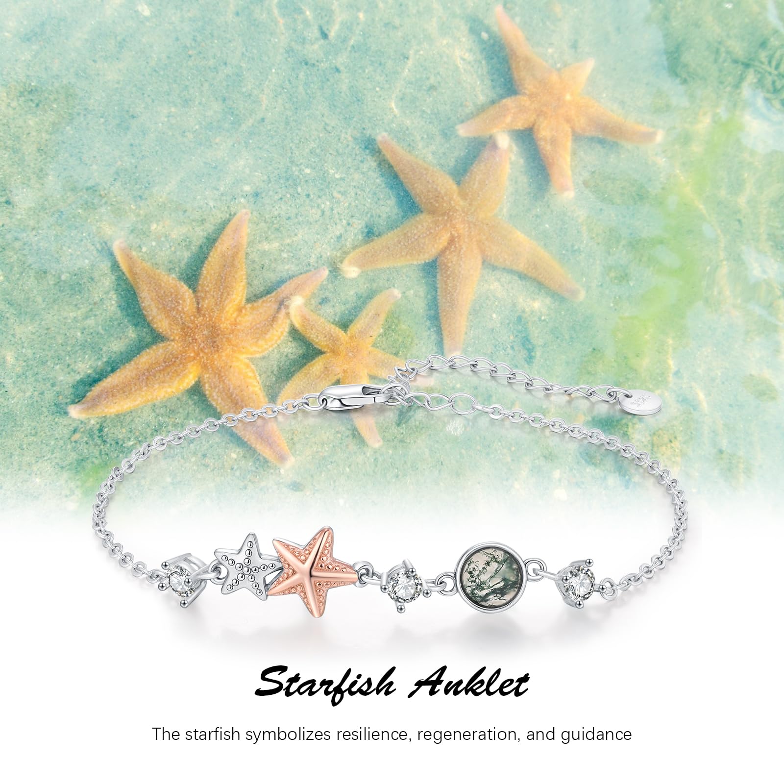 Cavigliera in argento sterling 925 con stelle marine, con agata muschiata, stelle marine, mare, oceano, gioielli estivi per donne