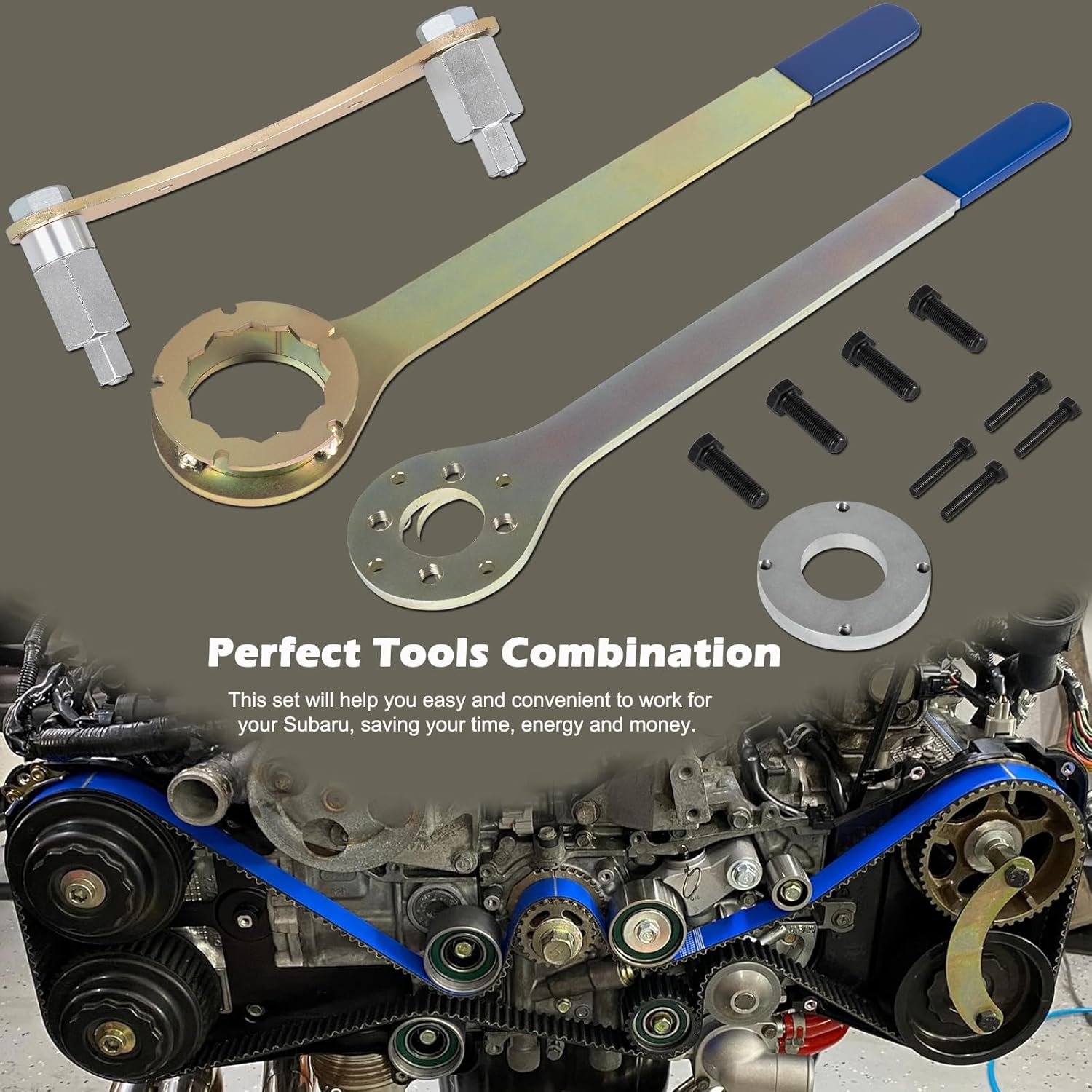 Crank Pulley Wrench Holder Tool with Screws & Engine Cam Gear Lock/Camlock Tool Kit & Intake/Exhaust Cam Sprocket Wrench Tool Fits for Subaru STD