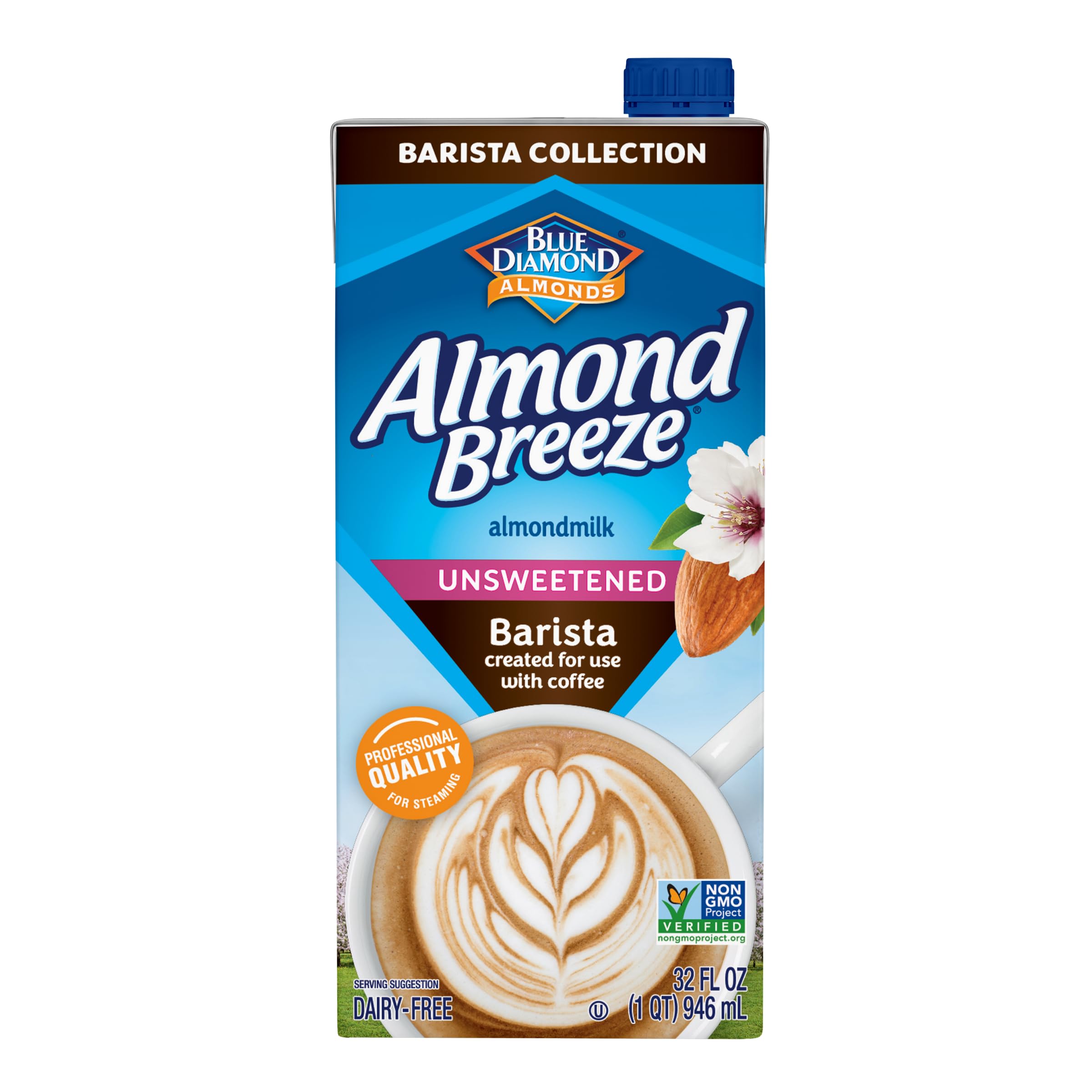 Almond Breeze Almondmilk Barista Collection, Unsweetened 32 oz (Pack of 12) Non Dairy Milk to use with Coffee, Gluten Free, Lactose Free, Shelf Stable