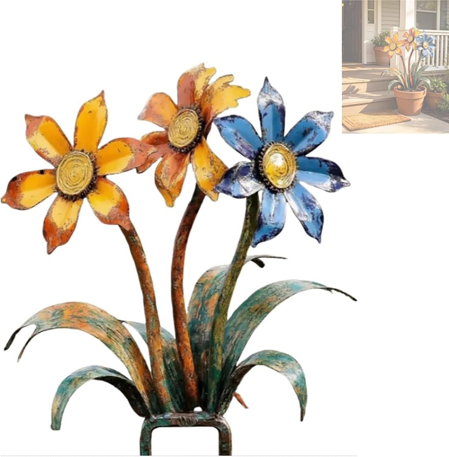 Rustic Metal Flower Garden Stakes, Handcrafted Vintage Yard Art, Decorative Outdoor Plant Stakes for Lawn Patio Planters & Landscape, Gardener Gift