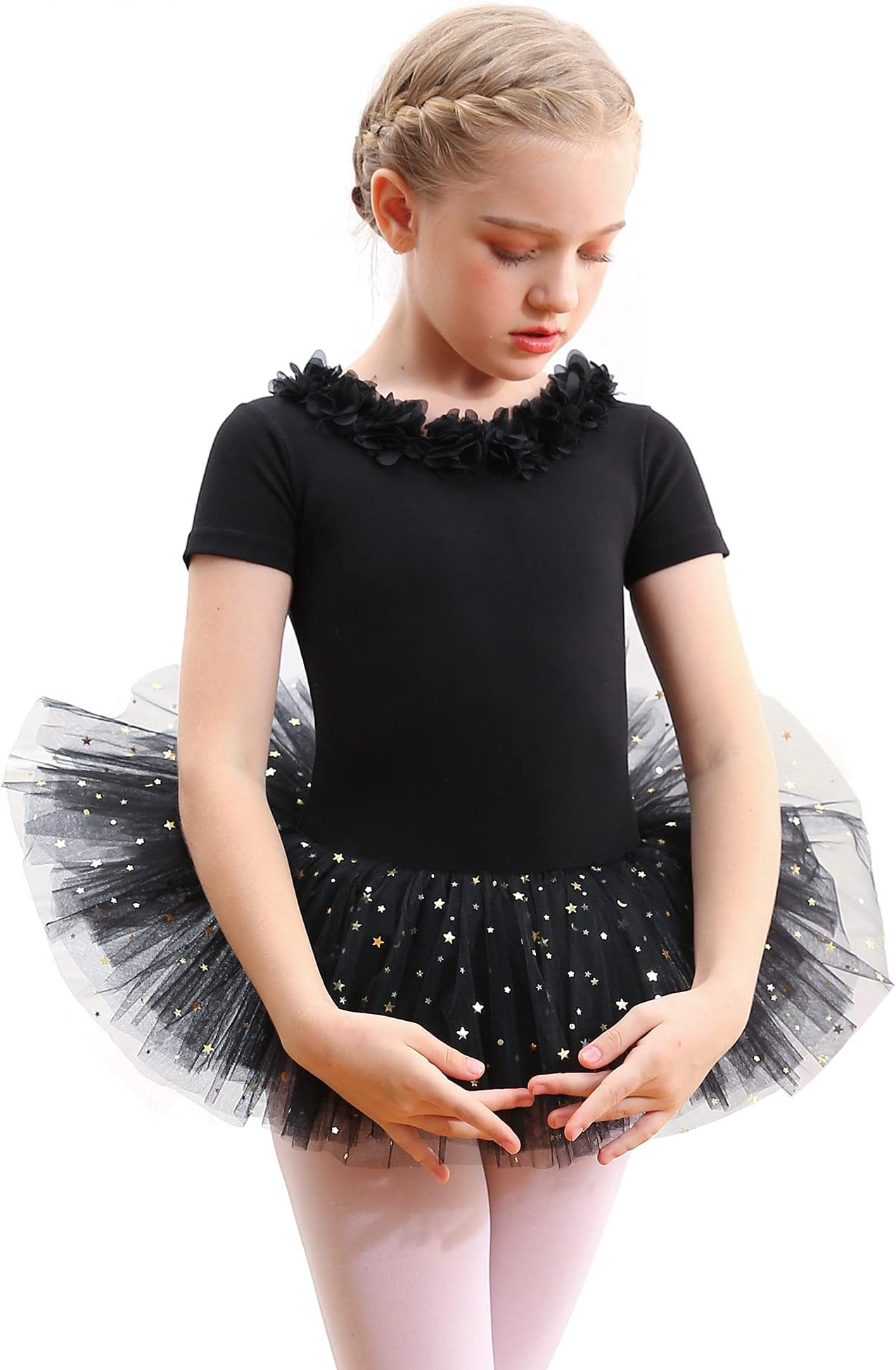 MdnMd Toddler Girls Short Sleeve Star Glitter Ballet Tutu Leotard Dance Ballerina Outfit Dress with Flower Front