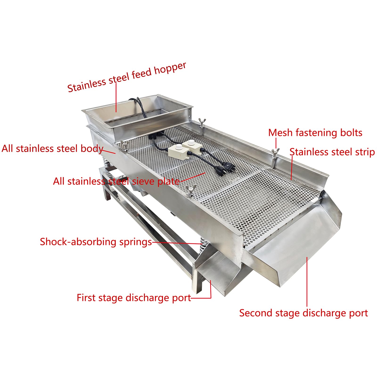 WYDDDARY Straight Vibrating Sieve Electric Linear Sifter Machine JG40-95 Stainless Steel Linear Vibrating Screen Single Layer Double Motors 7mm Round Hole Mesh 110V