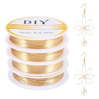 4 Rolls 24 Gauge Wire for Jewelry Making, 0.5 mm 14K Gold Plated Craft Jewelry Wire for Beading, Tarnish Resistant Metal Beading Wires for DIY Crafts Wrapping Bracelets Necklaces Earrings