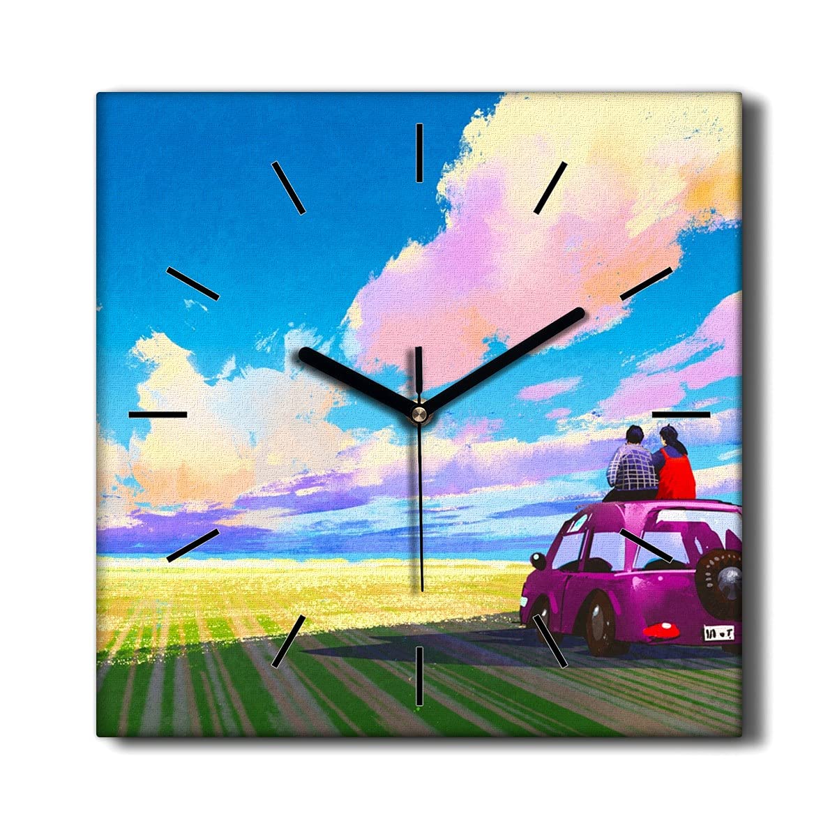Horloge Murale Salon Coloray Toile 30x30 cm Décoration Ambiance Romantique Voiture et Couple