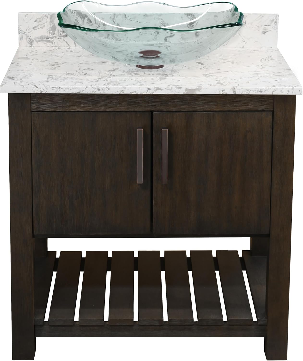 Miseno MV-30CM-NOBV-6001-317C 30" Free Standing Single Basin Vanity Set with Cabinet, Rectangular Glass Vessel Sink and Quartz Vanity Top - Cafe Mocha/Cafe Mocha Top/Oil Rubbed Bronze Hardware
