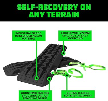 لوحات الجر لاستعادة الطرق الوعرة من Rhino USA - 2 Pack Ultimate Tire Traction Mats Mats for 4X4 Vehicles in Sand، Mud & Snow. حقيبة حمل وسحابات ثقيلة - (أسود)
