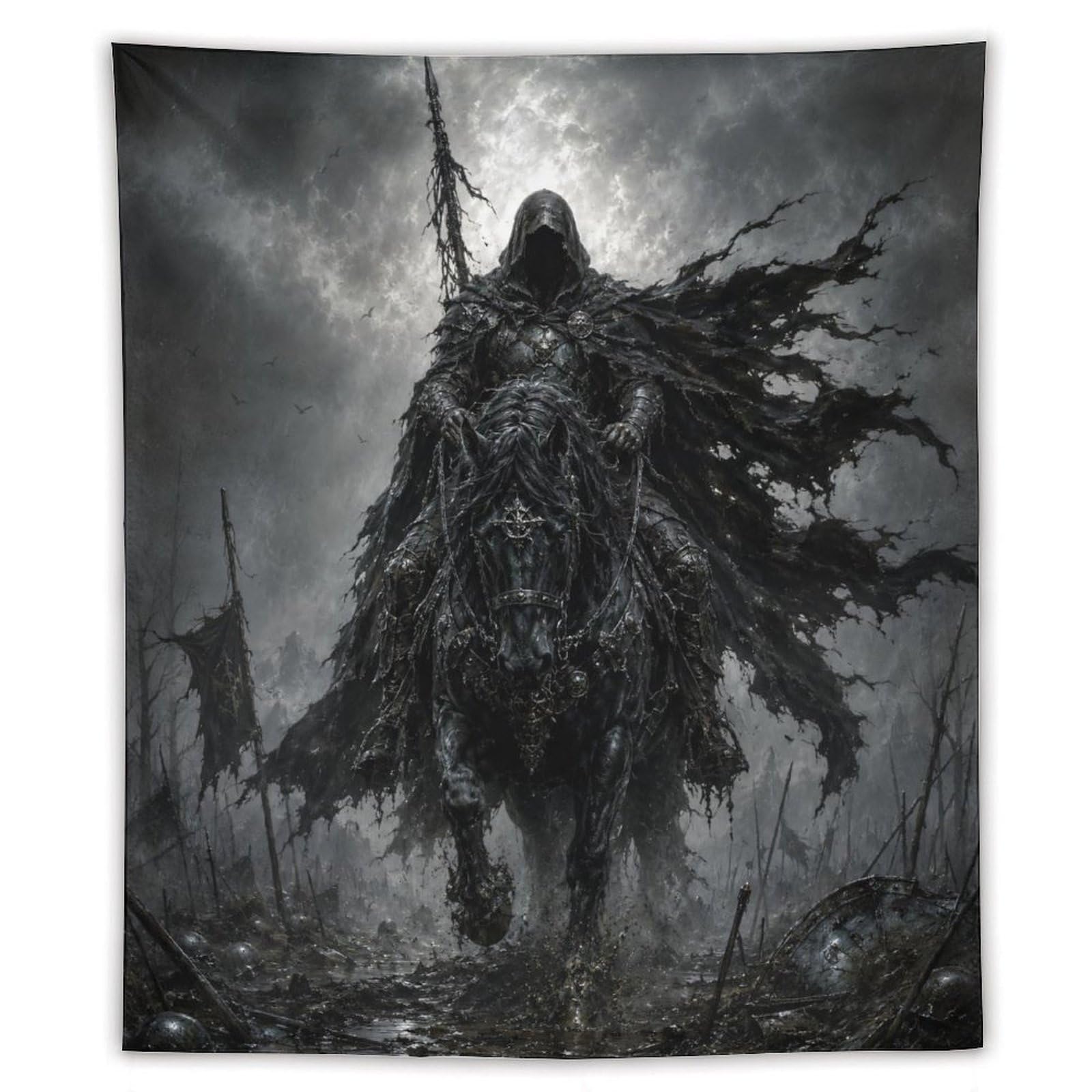 H3B8U2Y5 Black Armored Horseman Wall Tapestry, Medieval Fantasy