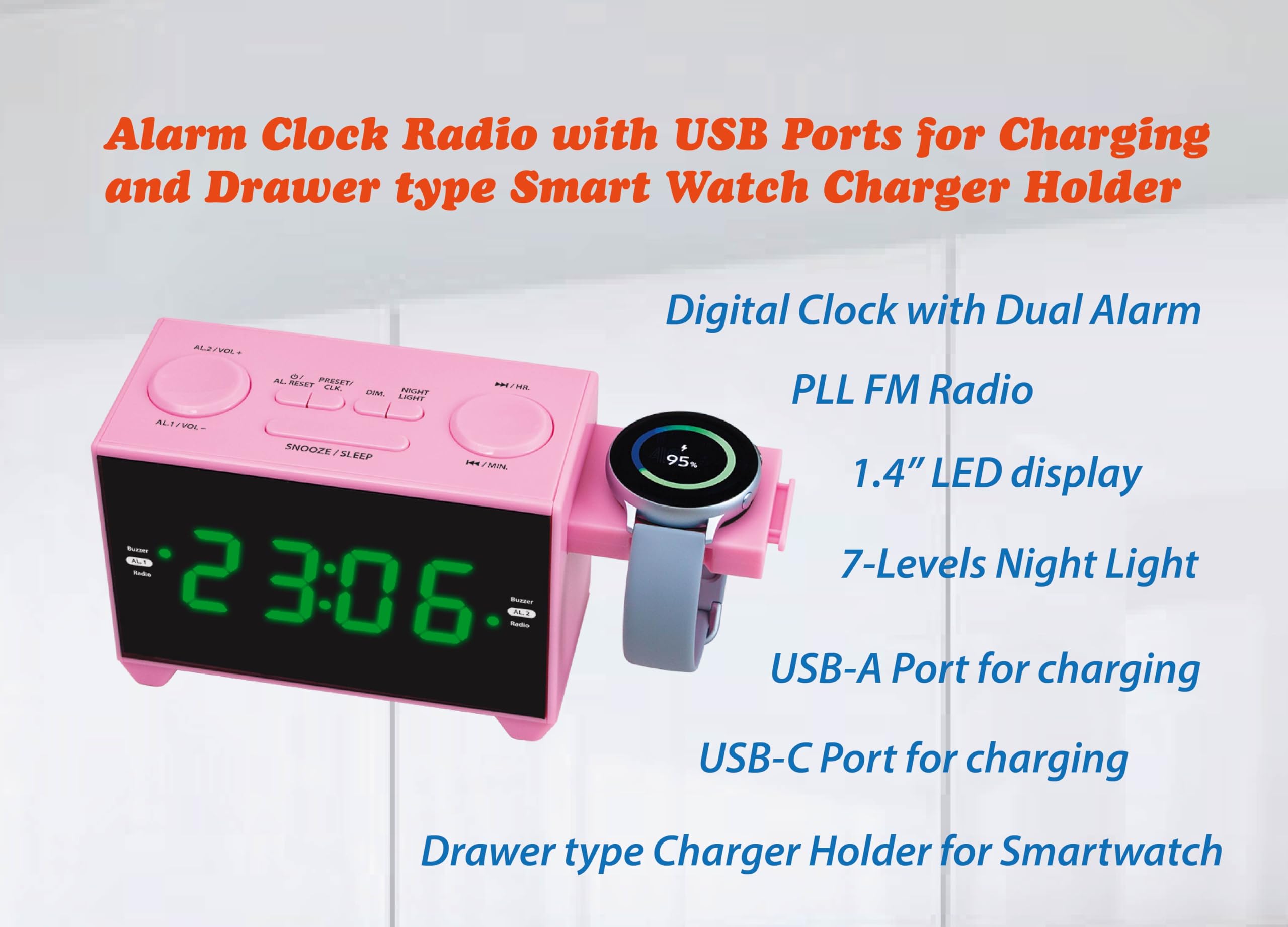 HANNLOMAX HX-132CR Alarm Clock Radio, PLL FM Radio, USB Type-A and USB Type-C for Charging, Drawer-Type Charger Holder for Smartwatches, Night Light, AC Operation Only. (Pink)