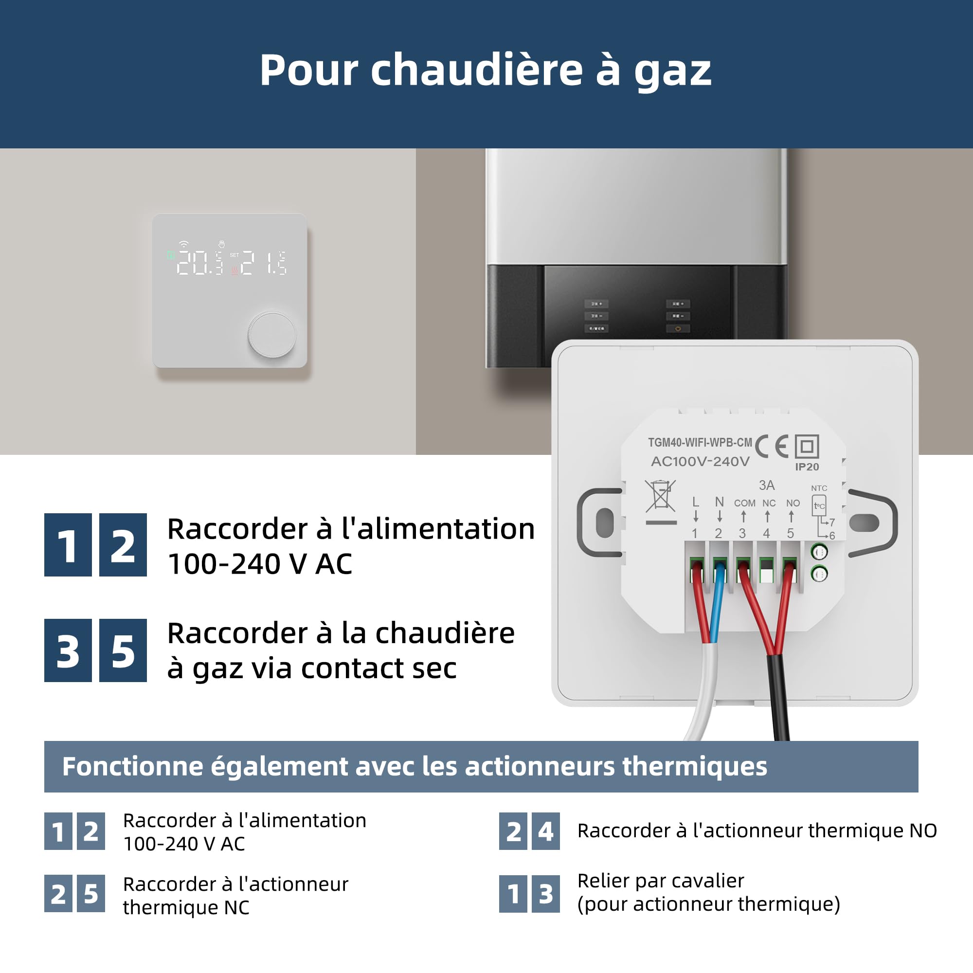 Beok Thermostat connecté WiFi pour chaudière gaz & Chauffage au Sol à Eau, Thermostat programmable d'ambiance 2 Fils Intelligent – contrôle à Distance Via Tuya, Compatible Alexa Google Assistant 3A