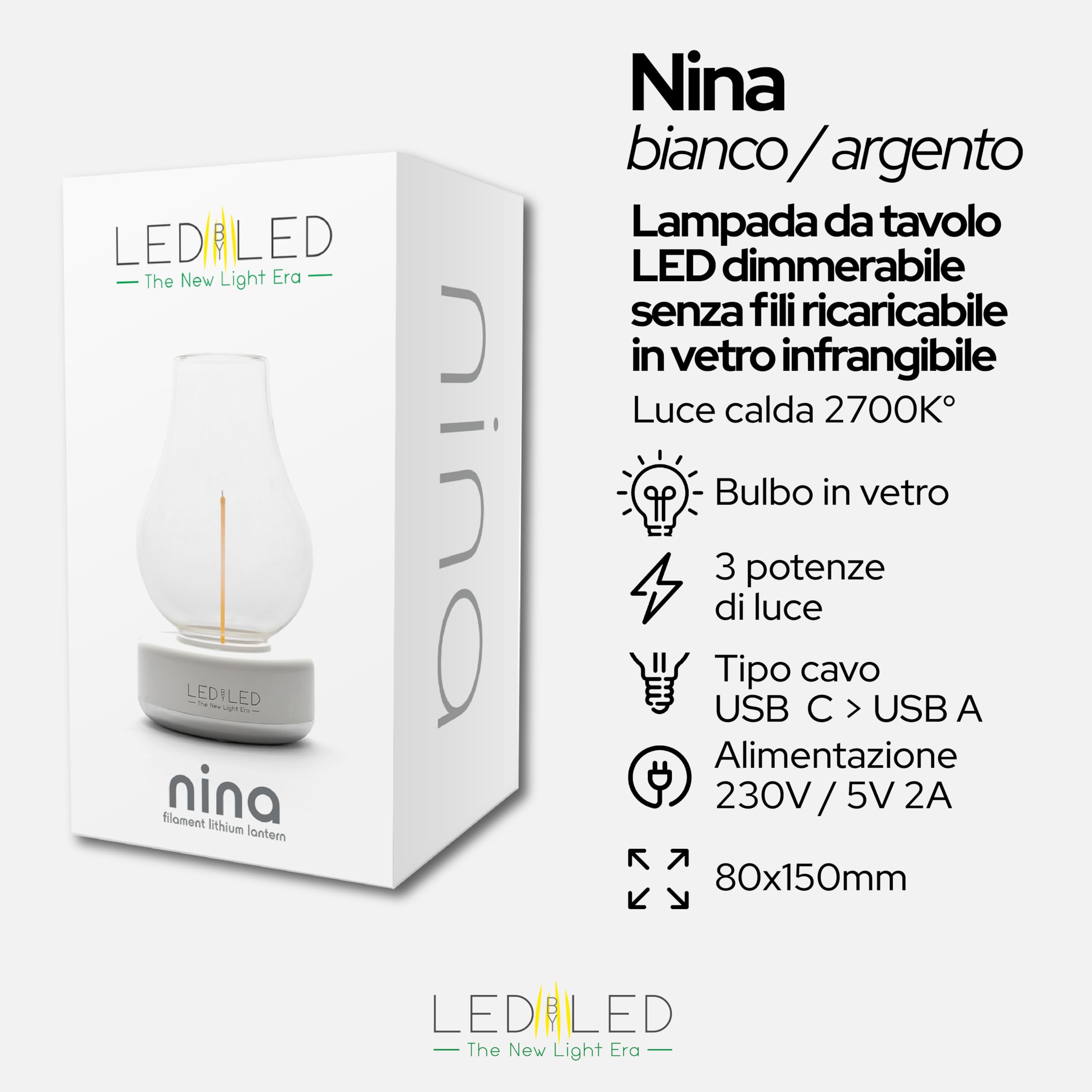 Lampada Da Tavolo Nina Ricaricabile, Dimmerabile Senza Fili, Base Bianco/Argento, Vetro Trasparente, 3 Livelli Di Luce, Fino A 80 Ore Autonomia, IP54