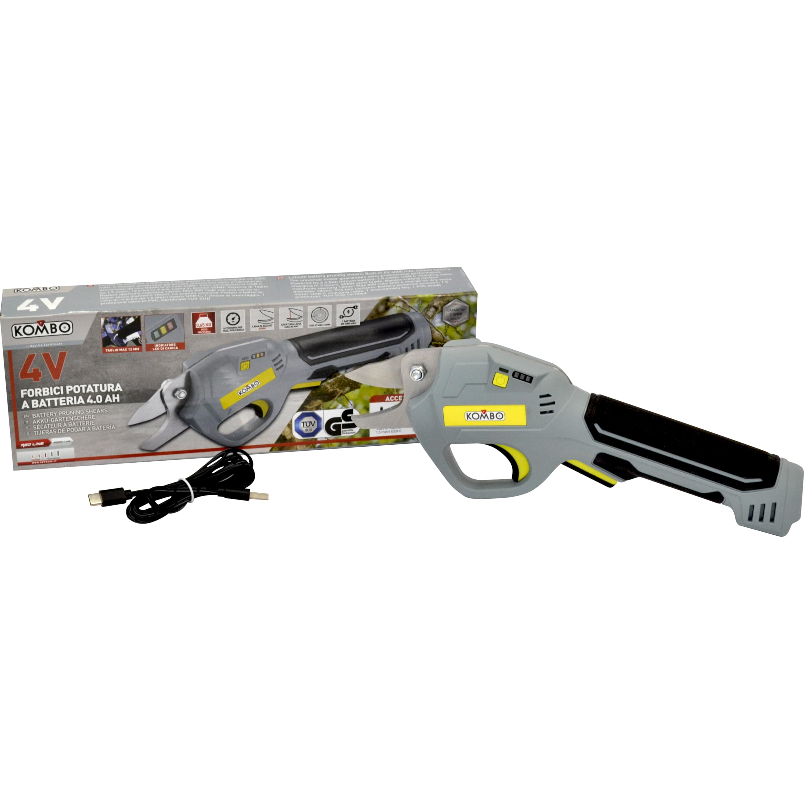KOMBO Forbici da Potatura a Batteria, 4V 4000mAh, Lama in Acciaio 65MN, Taglio Max 12mm, Ricarica USB-C