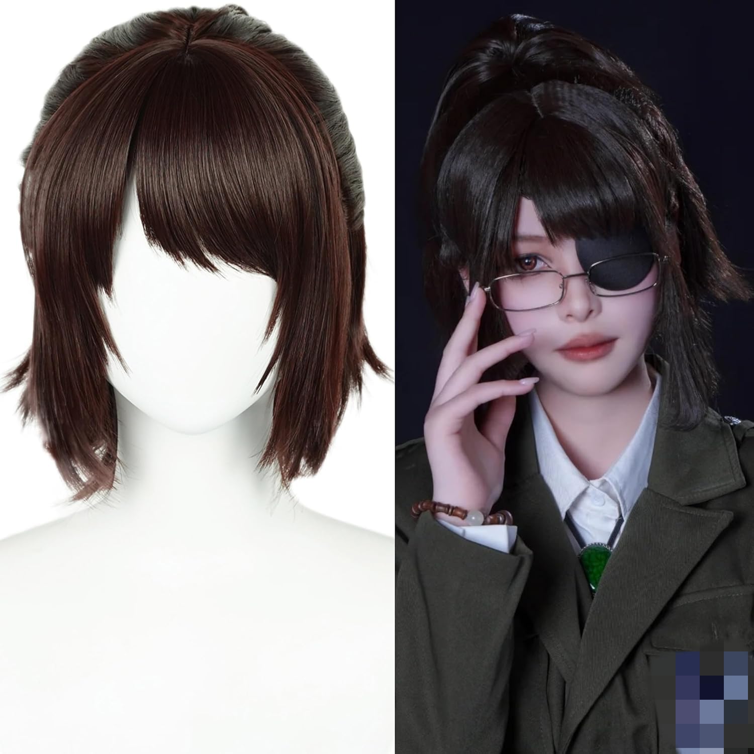 Half and Half HangeZoe Cosplay Wig Short Anime Dark Brown Ponytail Wig with Bangs Giant Costume Wigs Synthetic Hair for Women Halloween Party