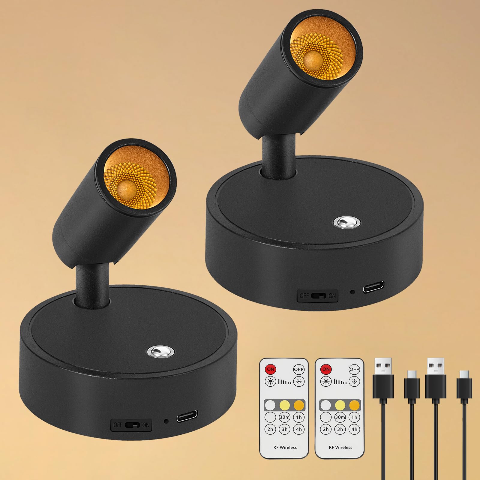 Dehobo Black 2 Packs Rechargeable Wall Lights 350° Rotatable With Remote - Magnetic Wireless Battery Led Spot Lights 4000Mah With Timer - Spotlight 3 Color Dimmable For Plant Artwork Picture, 2 Packs