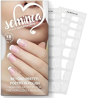 Semi Cured Gel Nail Strips-Bridal Semi-Gel Nail Stickers Wedding French Tip Press Ons,Tear Proof for Big Day,Reusable & Easy Apply Works with Any UV/LED Lamps(Romantic French White)
