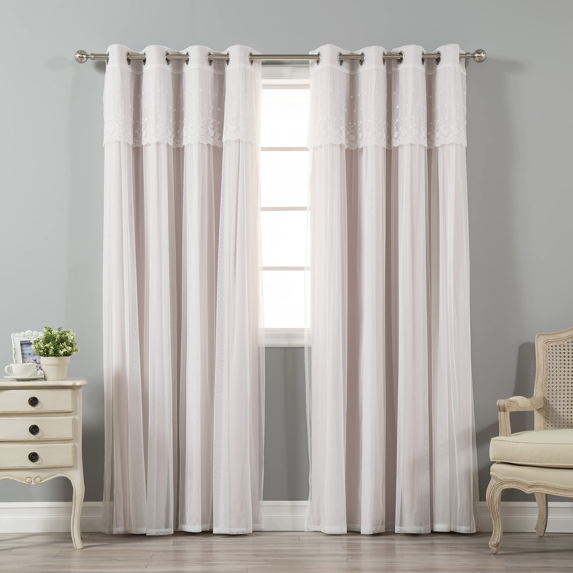 Best Home Fashion Mix & Match Tulle Sheer with Attached Valance & Solid Blackout Curtain Set (52