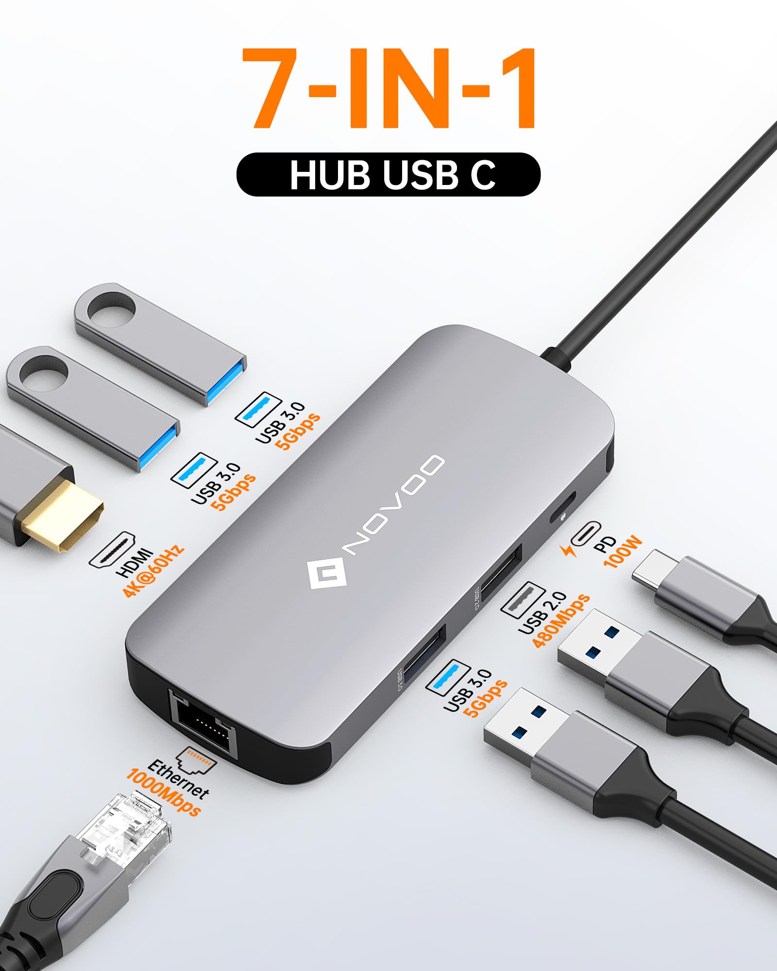 Hub USB C, NOVOO 7 in 1 multiporta Adattatore da HDMI 4K, Ethernet RJ45, 3 USB 3.0 & USB 2.0, tipo C 100W PD Docking Station Compatibile con MacBook Pro/Air,Surface Pro/Go,Pad Pro/Air,Dell,HP