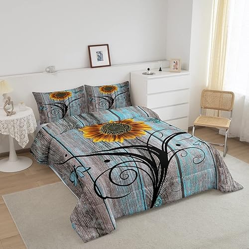 Miniatura 2 de Juego de edredón de girasol amarillo, tamaño Queen, juego de ropa de cama de libélula voladora, juego de ropa de cama rústica de madera de granja