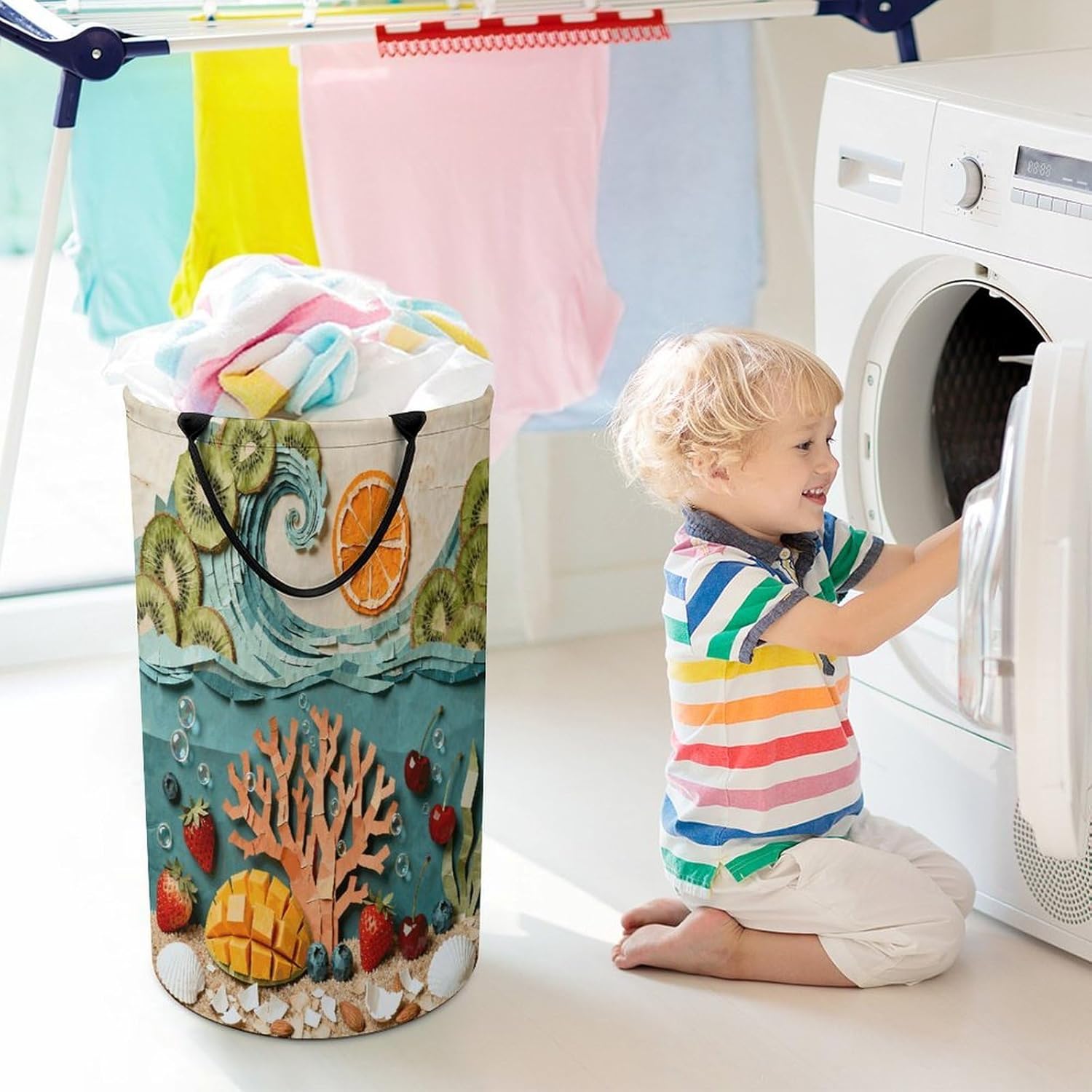 Ocean Fruit Collage Laundry Hamper Fashion Dirty Laundry Hamper Portable Laundry Hampers with Handles Lightweight Large Clothes Storage Basket for Bedroom Bathroom