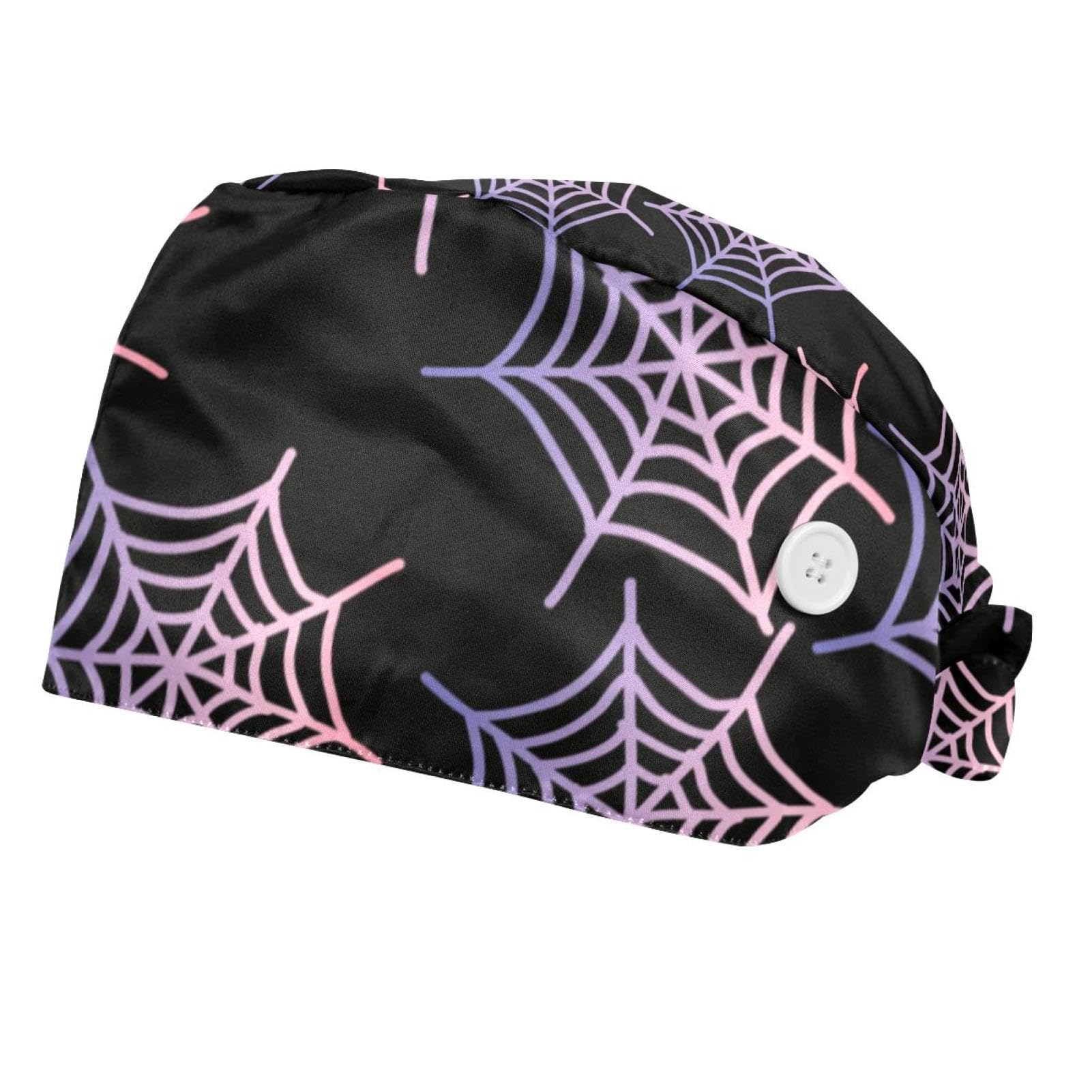 Halloween Cobwebs Black 2 Pcs Unisex Scrub Caps Women with Button Adjustable Hats Surgical Bouffant Caps for Women