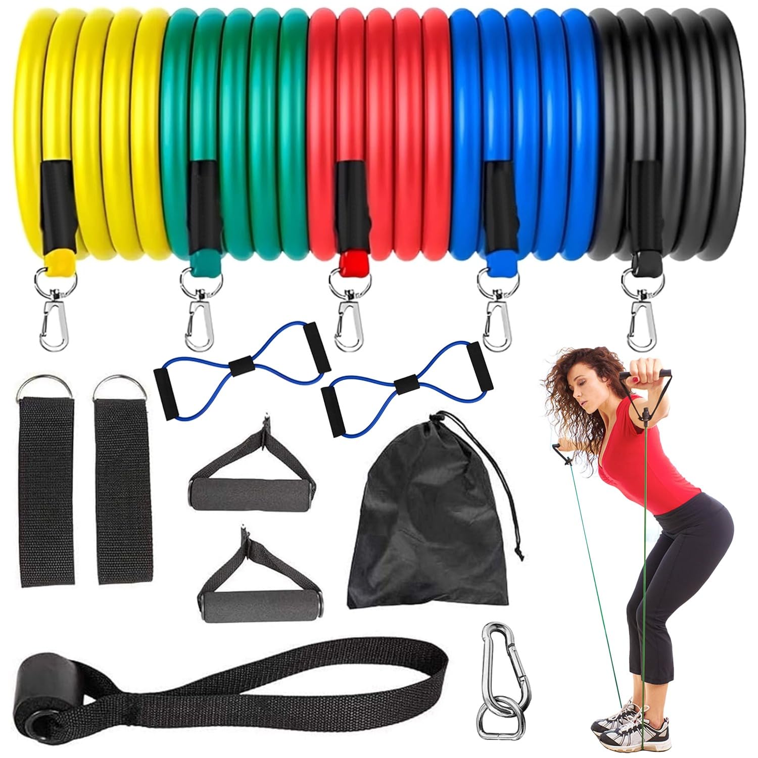 13Pcs Resistance Bands Set with 2 Foam Handles –Resistance Tubes Kit for Fitness, Strength, Yoga, Stackable up 30lb, 2 Ankle Straps Elastic Home Gym Equipment for Men Women
