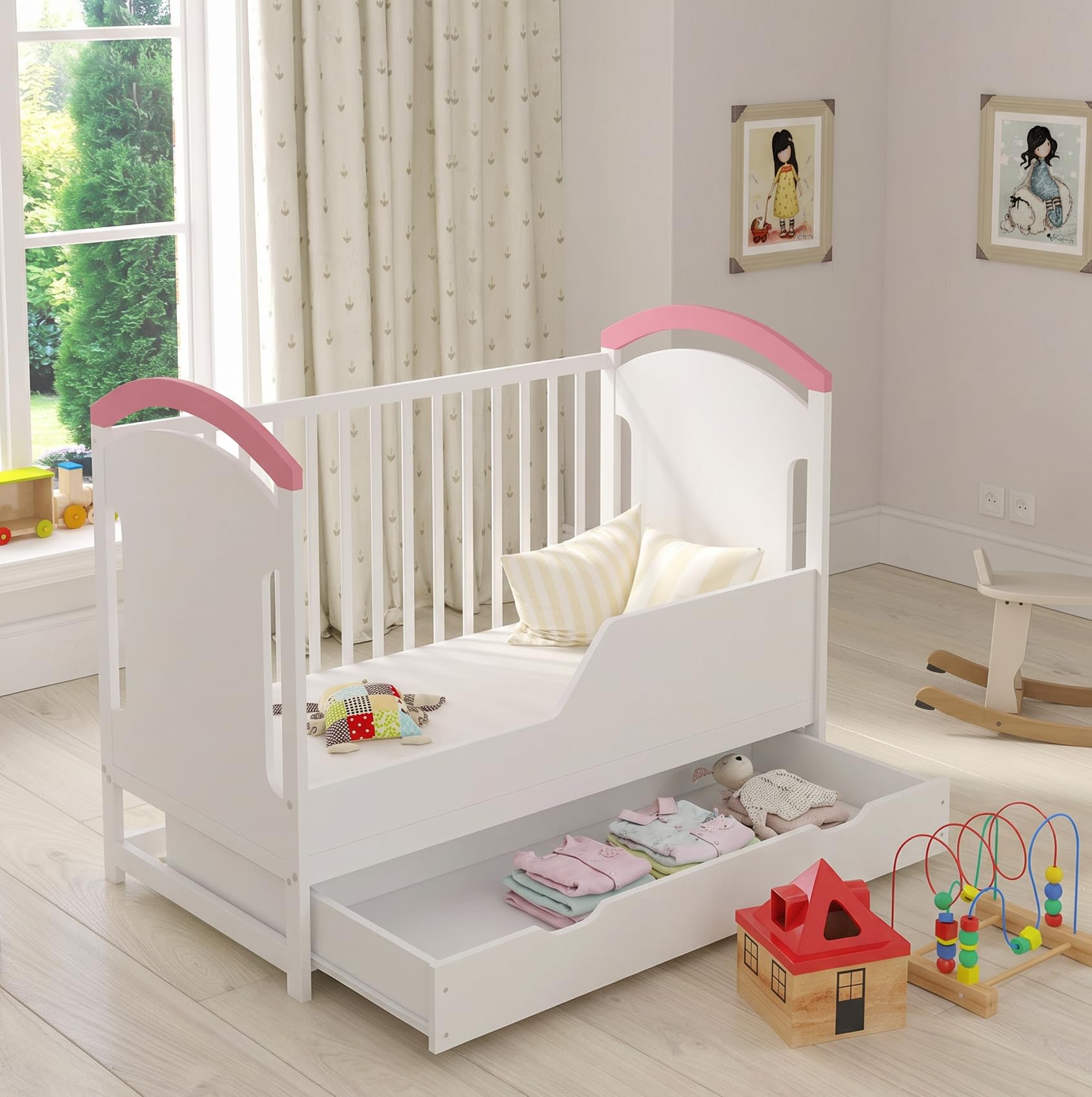 Love For Sleep Lettino Culla Neonato 120x60 cm in Legno di Pino Blu Rosa – Lettino Trasformabile con Barriera di Sicurezza e Protezioni Morbide per Dentizione, per Bambini 0-3 Anni