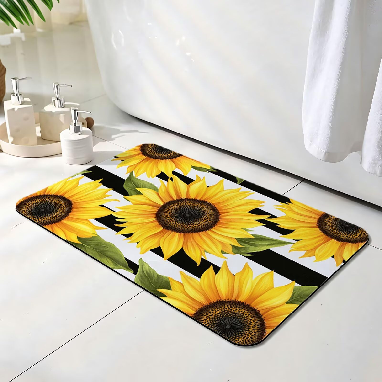 Alfombra de Baño 70 x 120 cm, Alfombra Baño Secado Rapido con Diatomita, Antideslizante Bañera Alfombras Amarillo, Super Absorbente Alfombrilla Ducha Antideslizante para Casa y Cocina, Girasol O-2259