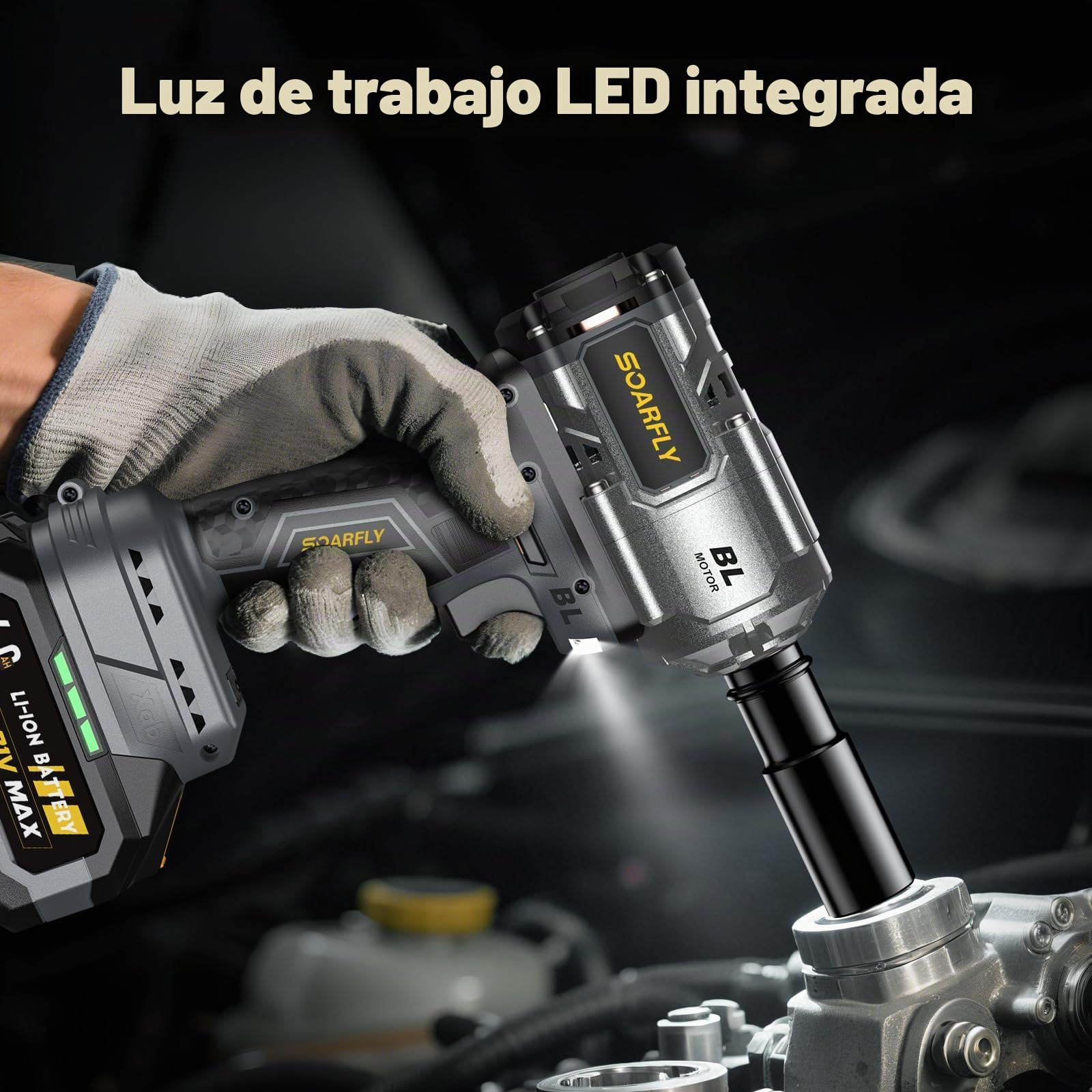SoarFly Pistola de impacto bateria 1200 Nm, llave de impacto a bateria profesional, 21V 4.0Ah×2 baterías, 3 velocidades ajustables, luz LED, kit taller completo