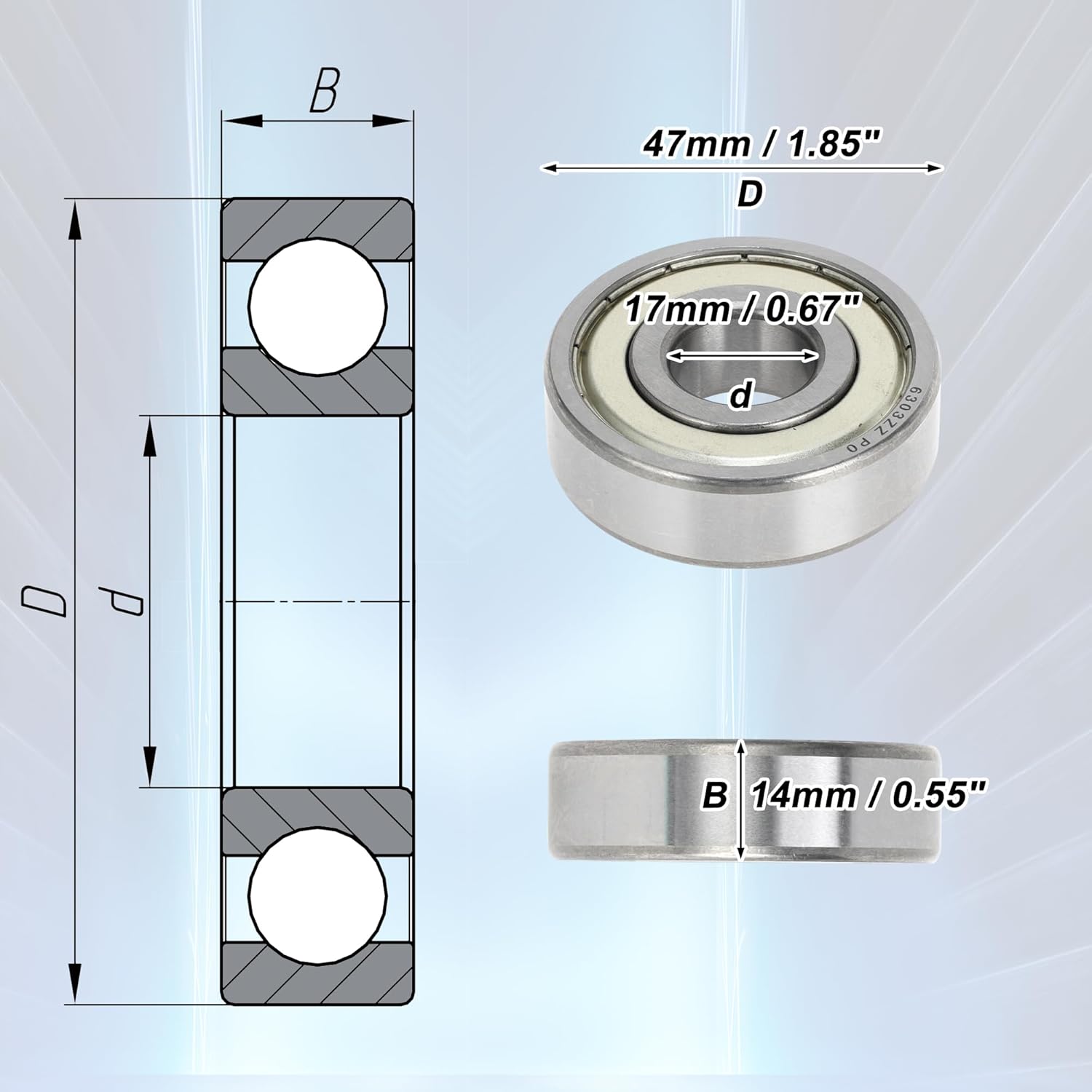 ACROPIX 6303ZZ Deep Groove Ball Bearings P0 17x47x14mm Lubricated Bearings Double Metal Seal Silver Tone Scooter Skateboard Wheel - Pack of 10