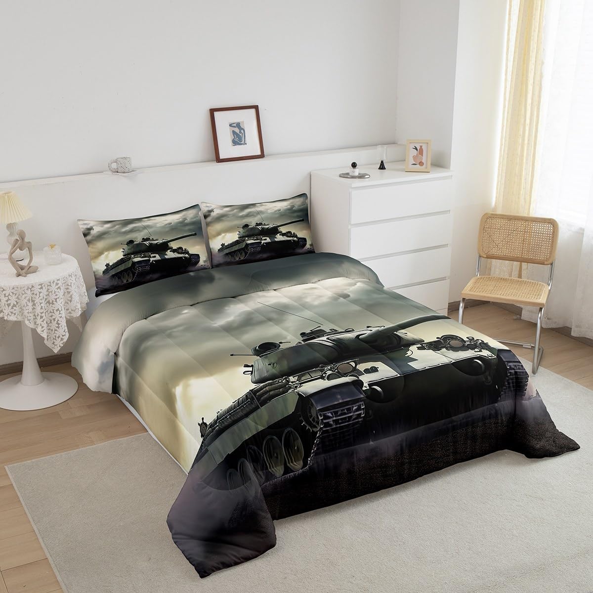 3D Printed Military Theme Tank Bedding for Boys & Men - Army Force Design Quilt Set, Queen Size, 1 Comforter 2 Pillowcases