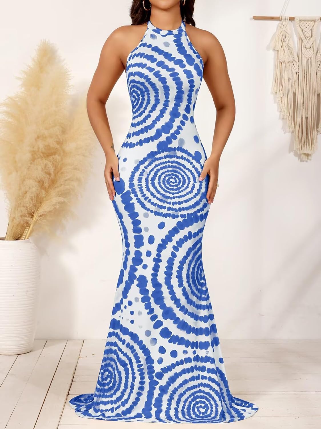 EDITCOZY Women Sexy Bodycon Maxi Dress Tie Dye Beach Summer Dresses Halter Backless Vacation Long Sundress - Image 5