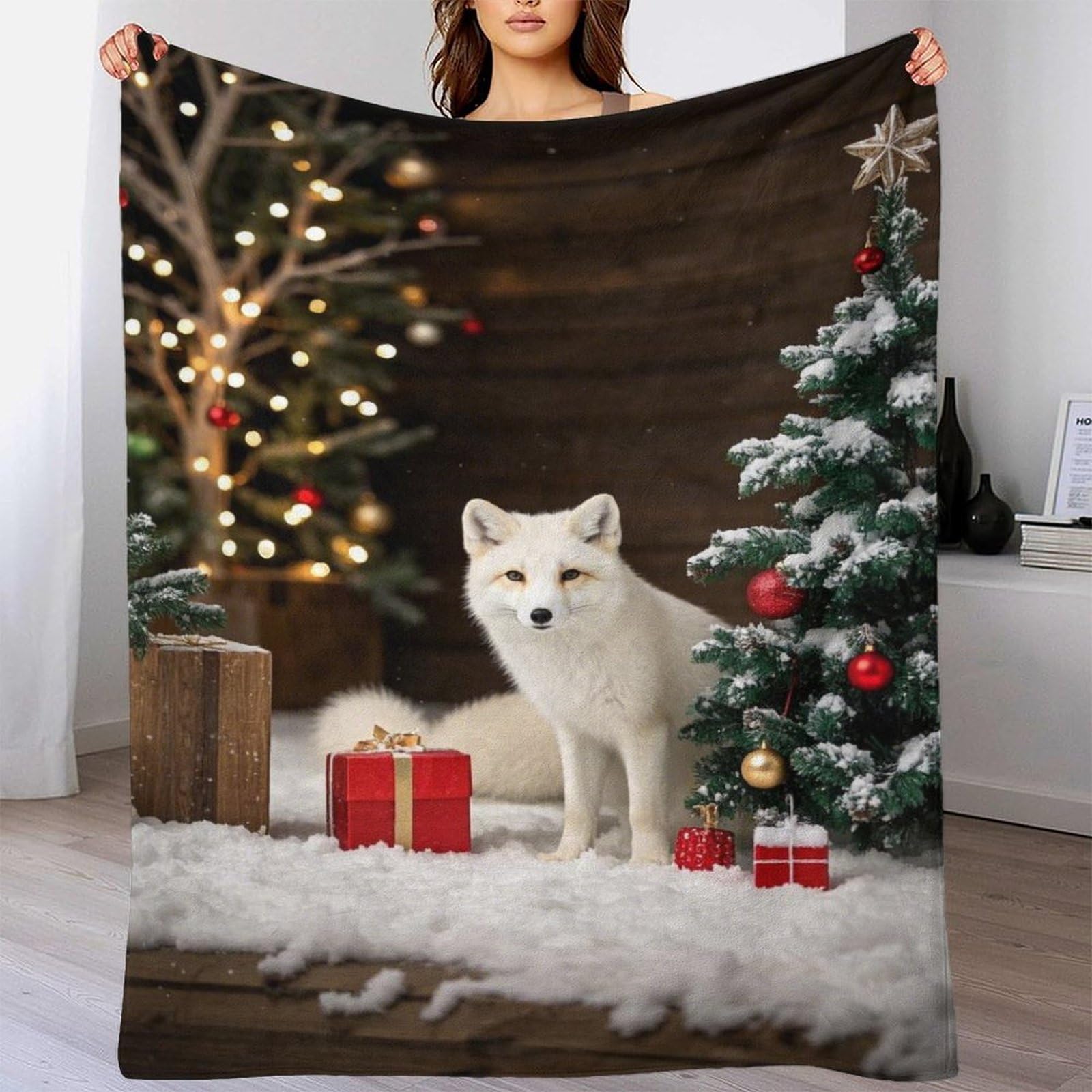 Coperta natalizia con stampa 3D Fox & Snow per adulti, super morbida, con accogliente flanella anti-pelucchi, per adulti e bambini, 150 x 200 cm
