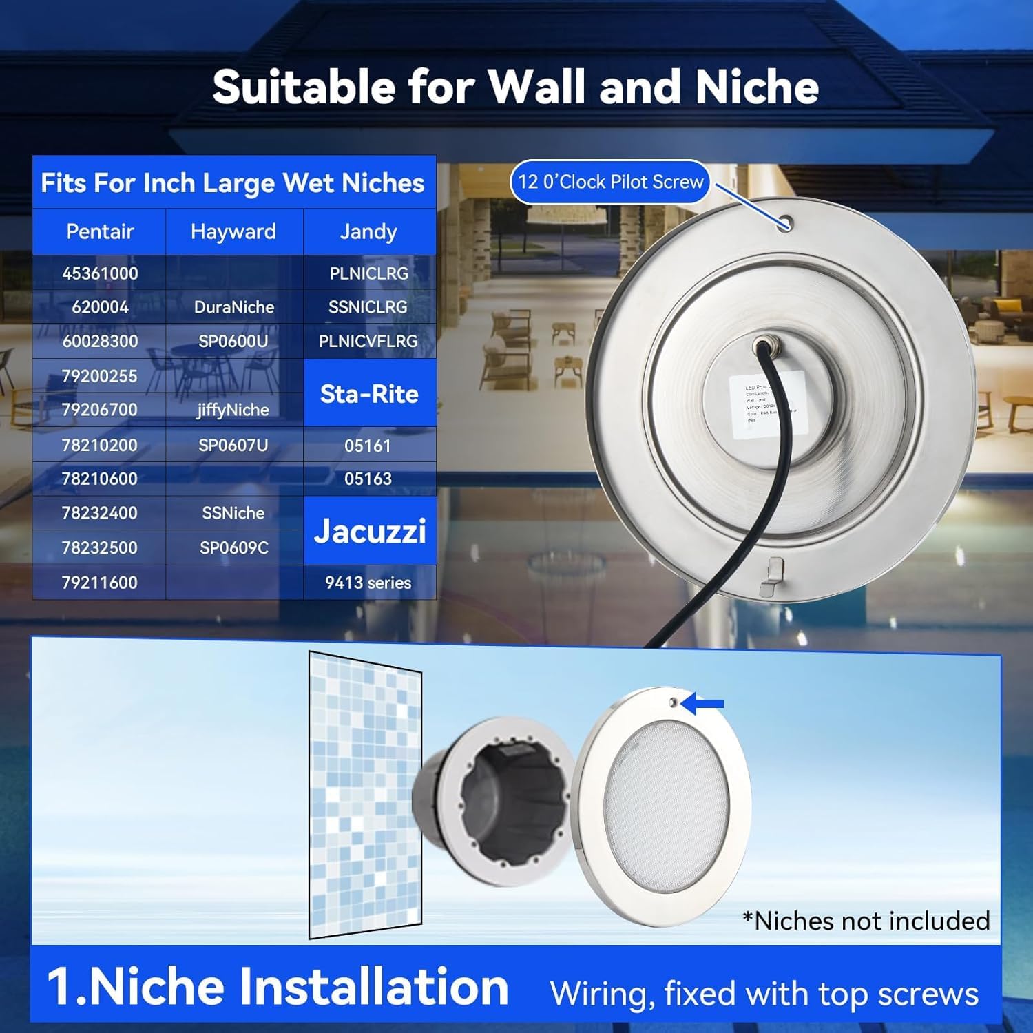 Smart Pool LED Pool Lights, Wall Mounted, 54W 12V for Inground Pool, 10 Inch, 50FT Cord, Waterproof 2-in-1 Controller & Transformer, Remote & App Control, Lifetime Replacement Program