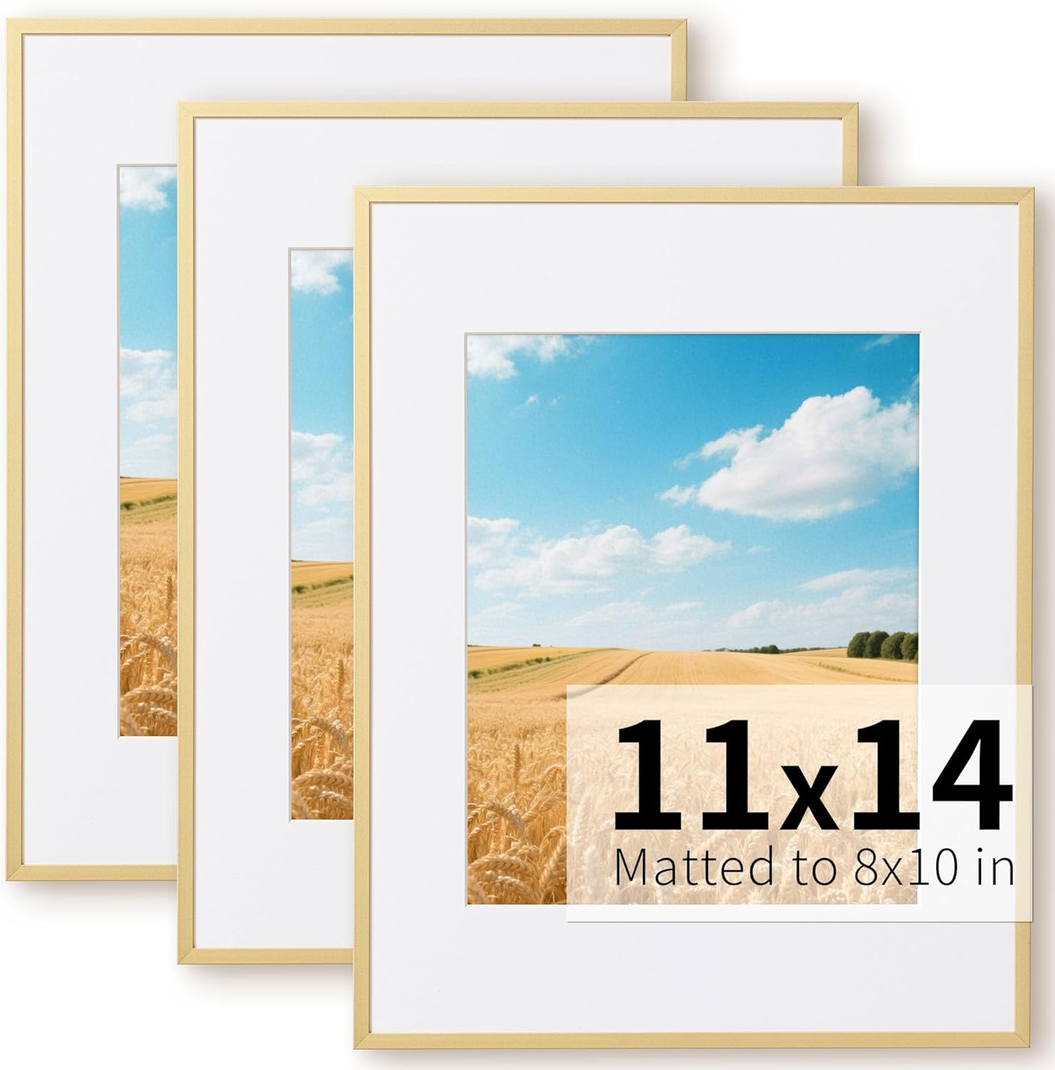 ZLG Golden 11x14 Frame, Premium 11x14 Metal Frame Matted to 8x10, Picture Frame, High Definition Plexiglass, Wall Hook Included, Set of 3